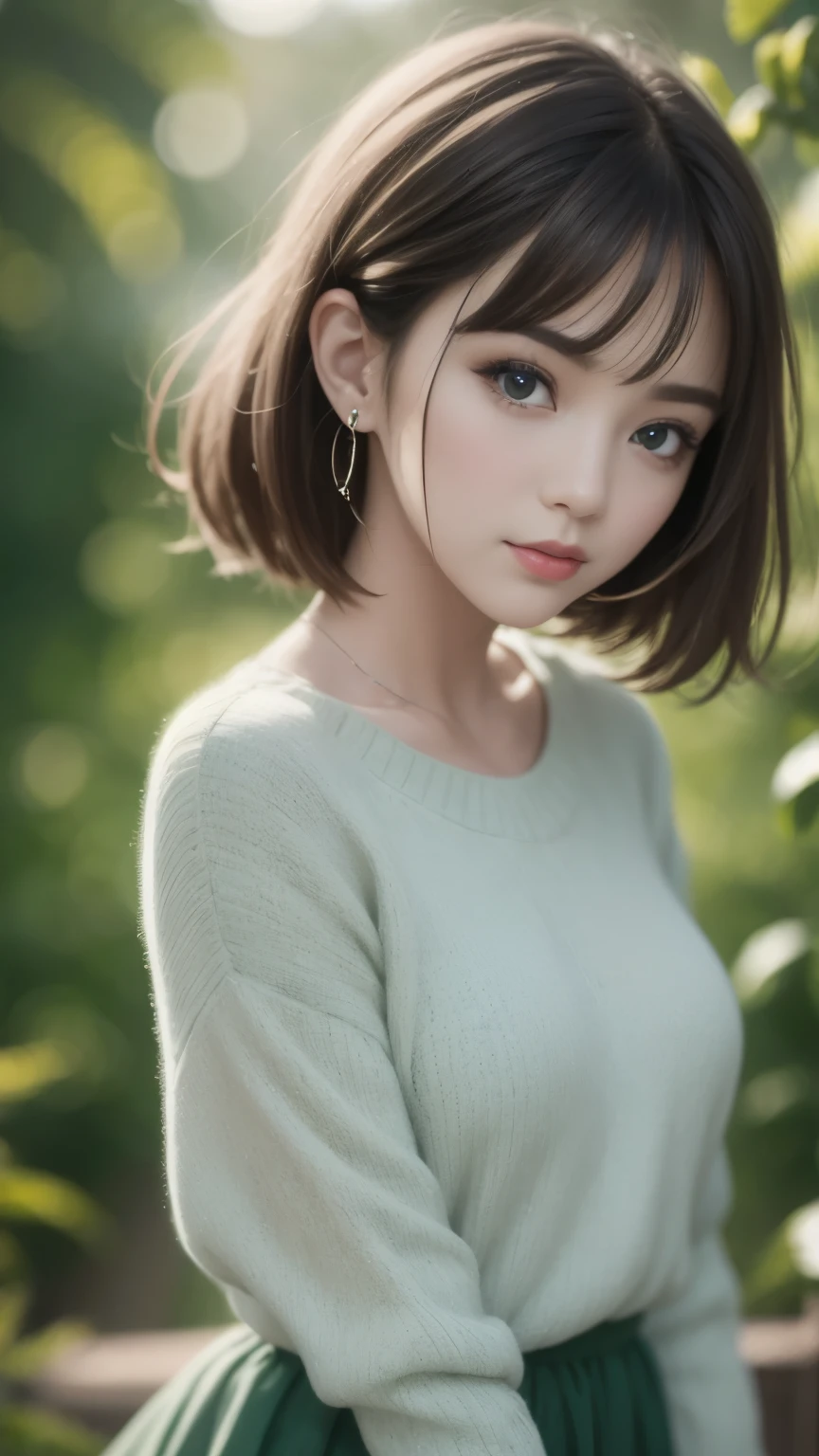 arafed woman in a green sweater and white skirt posing by a lake, wearing a green sweater, Light green, sweater, Soft green,White pleated skirt， Sea green and white clothes, Short wide sleeves, wearing sweater, High quality details, Green clothes, Cold as ice! 🧊, cozy atmosphere, Green Clothing, Comfort, Beautiful lady, Wearing teal clothes，black hair, hair bobbles, wince, longeyelashes, solid circle eyes, light smile, ear blush, fang, Surrealism, drop shadow, anaglyph, stereogram, tachi-e, pov, atmospheric perspective, 8k, super detail, ccurate, best quality，V-6