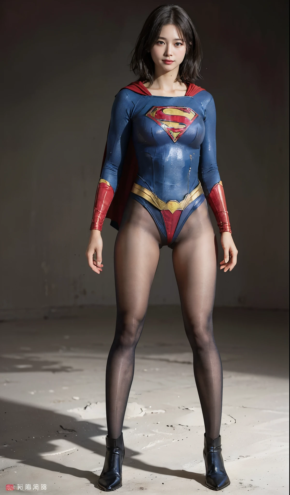No background、(((Beautiful legs in black tights.)))、(((Legally express the beauty of your smile)))、((((Make the most of your original images)))、(((Supergirl Costume)))、(((Beautiful very short hair)))、(((suffering)))、(((Please wear black tights....、Wear red boots)))、((Best image quality、8k))、((highest quality、8k、masterpiece:1.3))、(((Preserve background )))、Sharp focus:1.2、Beautiful woman with perfect figure:1.4、Slim Abs:1.2、Wet body:1.5、Highly detailed face and skin texture、8k