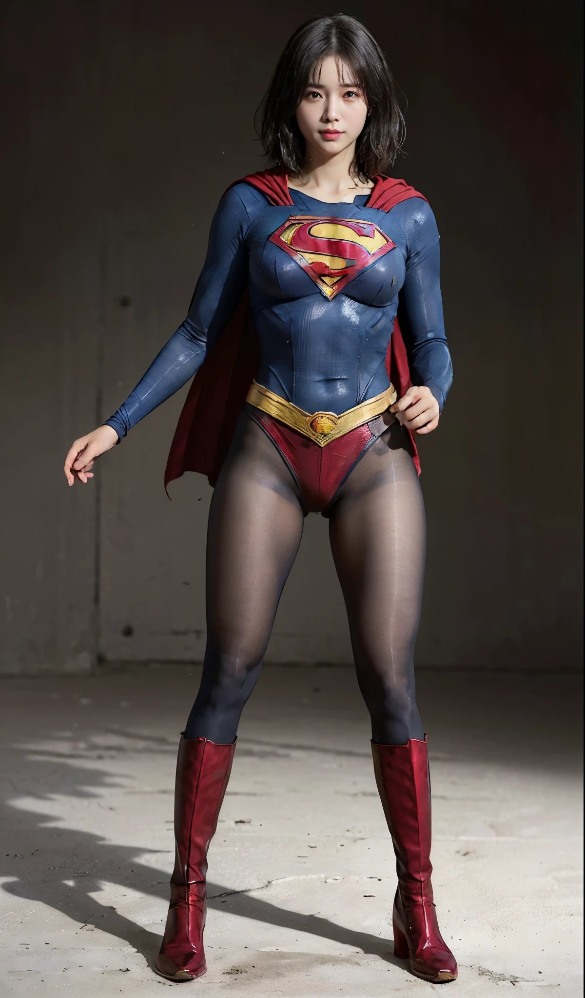 No background、(((Beautiful legs in black tights.)))、(((Legally express the beauty of your smile)))、((((Make the most of your original images)))、(((Supergirl Costume)))、(((beautiful short bob hair)))、(((suffering)))、(((Please wear black tights....、Wear red boots)))、((Best image quality、8K))、((highest quality、8K、masterpiece:1.3))、(((Preserve background )))、Sharp focus:1.2、Beautiful woman with perfect figure:1.4、Thin abdominal muscles:1.2、Wet body:1.5、Highly detailed face and skin texture、8K