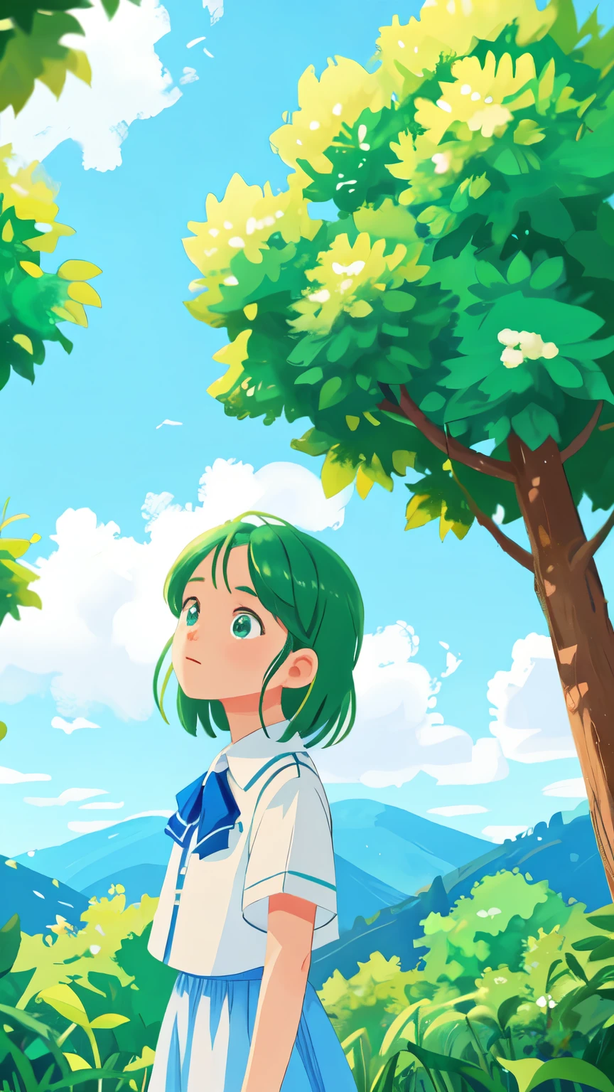 Give me a blue sky and white clouds background，Green Trees，8K quality，detailed skin: 1.3，realistic: 1.2