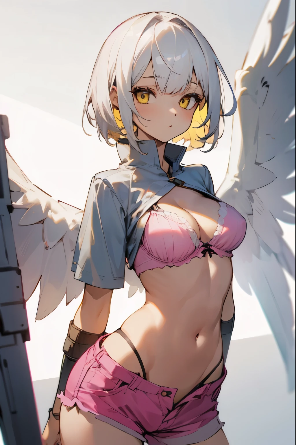 Girl, wings, short white hair, yellow eyes, medium-sized breasts, pink bra, exposed stomach, short pants
