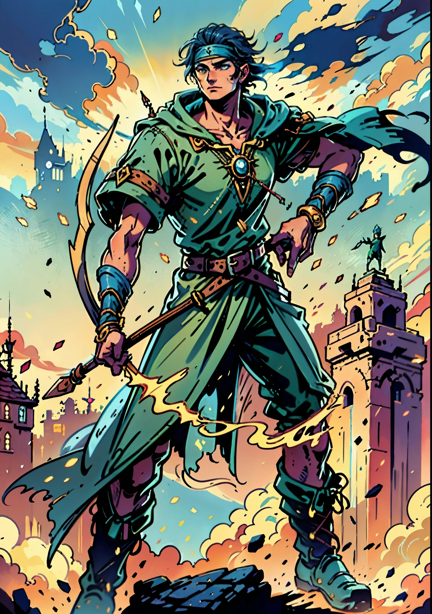 A young man with messy sky-blue short hair, a headband tied around his forehead, handsome face, calm expression, a fantasy-style short-sleeved robe coat with a unique half-side design, a green undershirt underneath, an archer's wrist guard, a cloth belt, coarse cloth trousers, leather boots, standing in a shooting stance, holding a longbow and drawing an arrow, overlooking the city from above, this character embodies a finely crafted fantasy-style archer in anime style, exquisite and mature manga art style, high definition, best quality, highres, ultra-detailed, ultra-fine painting, extremely delicate, professional, perfect body proportions, golden ratio, anatomically correct, symmetrical face, extremely detailed eyes and face, high quality eyes, creativity, RAW photo, UHD, 32k, Natural light, cinematic lighting, masterpiece-anatomy-perfect, masterpiece:1.5