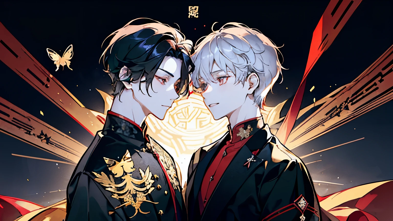 ((Two boys around 16 years old)),(Red, white and black costume reminiscent of ancient Chinese priests),((A golden butterfly that shines like crystal々)),Long black hair,Hair tied to one side,smile,A fantastic atmosphere,(Starlight Background),((They are staring at each other))