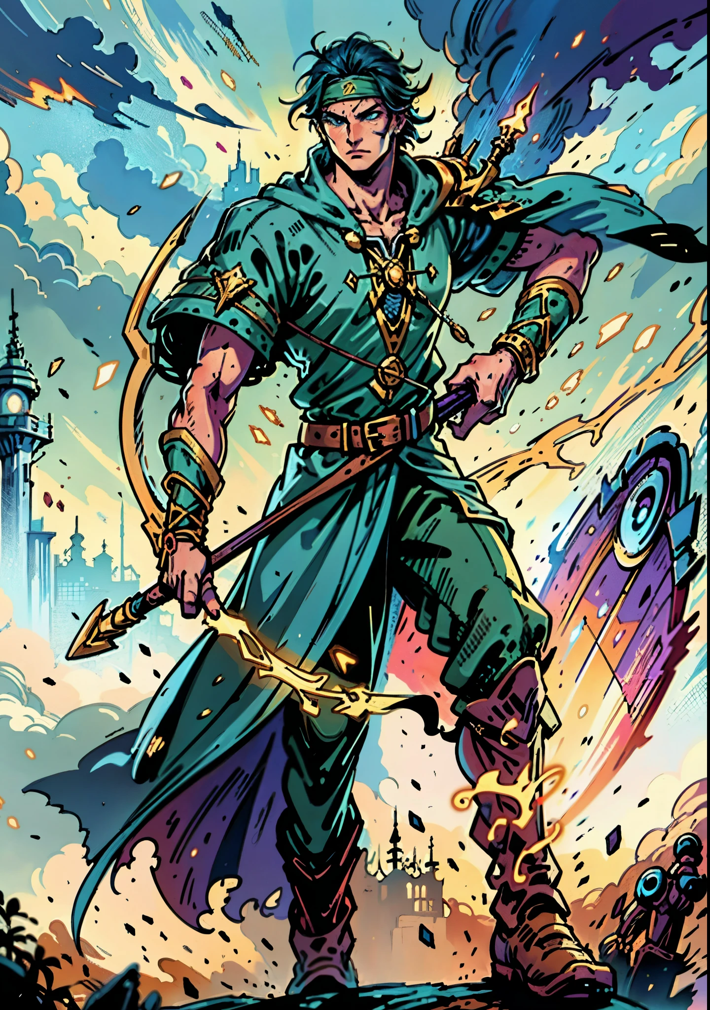 A young man with messy sky-blue short hair, a headband tied around his forehead, handsome face, calm expression, a fantasy-style short-sleeved robe coat with a unique half-side design, a green undershirt underneath, an archer's wrist guard, a cloth belt, coarse cloth trousers, leather boots, standing in a shooting stance, holding a longbow and drawing an arrow, overlooking the city from above, this character embodies a finely crafted fantasy-style archer in anime style, exquisite and mature manga art style, high definition, best quality, highres, ultra-detailed, ultra-fine painting, extremely delicate, professional, perfect body proportions, golden ratio, anatomically correct, symmetrical face, extremely detailed eyes and face, high quality eyes, creativity, RAW photo, UHD, 32k, Natural light, cinematic lighting, masterpiece-anatomy-perfect, masterpiece:1.5