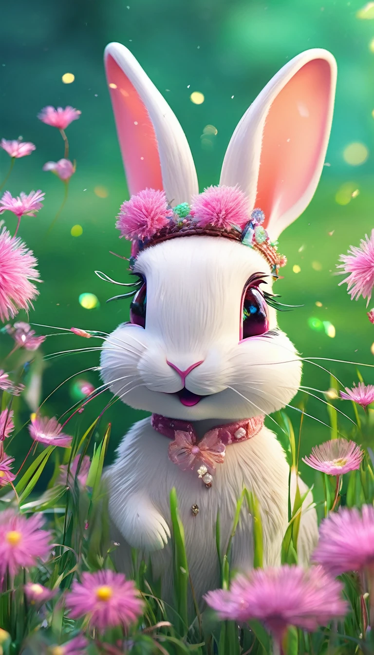 (best quality,4K,8k,high resolution,masterpiece:1.2),Super detailed,(Practical,photoPractical,photo-Practical:1.37),Crystal Pink Rabbit,Detailed eyes and face,blown glass dandelion,Colorful spring morning [illustration, Bright colors],Bright Sunshine,lush green grass,Delicate petals,sparkling的露珠,Playful and whimsical vibes,sparkling的玻璃反射,Clear details,fascinating、Immersive scenes,meticulous attention to texture,Beautifully crafted rabbit sculptures,Subtle pastel shades,Carefully crafted dandelion seeds,Frosted glass elements,Warm and welcoming atmosphere,Fun and lively atmosphere,As if brought to life by magic,Dreamy and charming environment,sparkling、Vibrant colors,evoke a feeling of joy and wonder,Lovely and delightful artwork