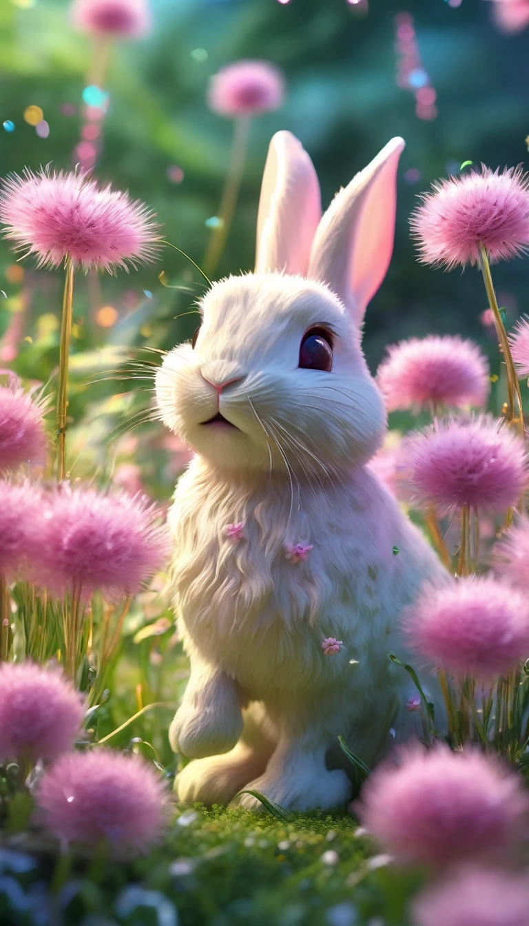 (best quality,4K,8k,high resolution,masterpiece:1.2),Super detailed,(Practical,photoPractical,photo-Practical:1.37),Crystal Pink Rabbit,Detailed eyes and face,blown glass dandelion,Colorful spring morning [illustration, Bright colors],Bright Sunshine,lush green grass,Delicate petals,sparkling的露珠,Playful and whimsical vibes,sparkling的玻璃反射,Clear details,fascinating、Immersive scenes,meticulous attention to texture,Beautifully crafted rabbit sculptures,Subtle pastel shades,Carefully crafted dandelion seeds,Frosted glass elements,Warm and welcoming atmosphere,Fun and lively atmosphere,As if brought to life by magic,Dreamy and charming environment,sparkling、Vibrant colors,evoke a feeling of joy and wonder,Lovely and delightful artwork