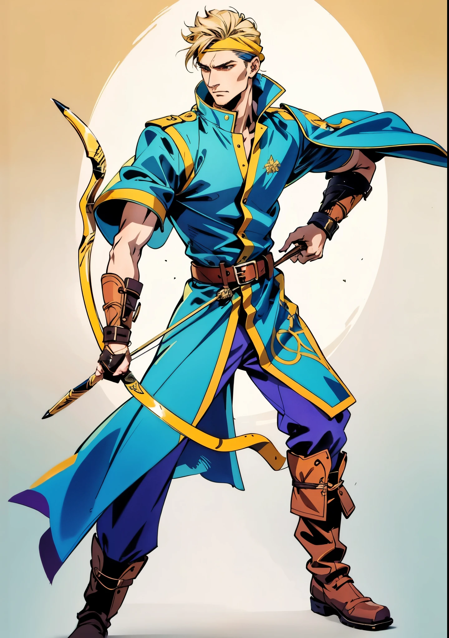 A young man with messy sky-blue short hair, a headband tied around his forehead, handsome face, calm expression, a fantasy-style short-sleeved robe coat with a unique half-side design, a green undershirt underneath, an archer's wrist guard, a cloth belt, coarse cloth trousers, leather boots, standing in a shooting stance, holding a longbow and drawing an arrow, overlooking the city from above, this character embodies a finely crafted fantasy-style archer in anime style, exquisite and mature manga art style, high definition, best quality, highres, ultra-detailed, ultra-fine painting, extremely delicate, professional, perfect body proportions, golden ratio, anatomically correct, symmetrical face, extremely detailed eyes and face, high quality eyes, creativity, RAW photo, UHD, 32k, Natural light, cinematic lighting, masterpiece-anatomy-perfect, masterpiece:1.5