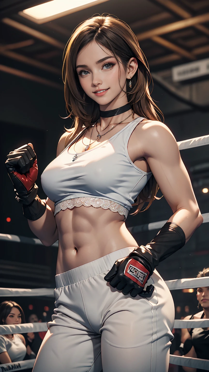 24-year-old woman、Hair color is black、Eye color is hawk brown、long hair、Straight Hair、、Slim but well-defined figure、smile、My abs are ripped、The belly button is visible、I'm wearing a necklace、accessories on wrist、She's wearing a T-shirt that shows her underboob.、I'm wearing high heels、wearing sheer pants、smile、She is wearing a lace choker、Wearing open finger gloves、At the boxing gym、smile、hands on hips、An inappropriate smile、Mixed martial artist