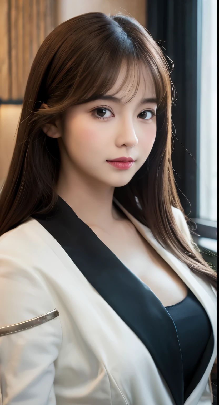 A close up of a woman in a white jacket and black top - SeaArt AI