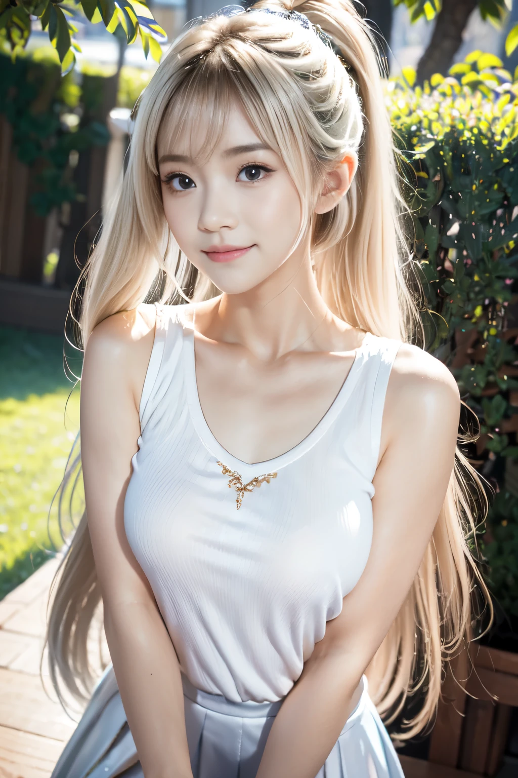 Visible throughout the body，Borat、（（Uniforms））、Bright expression、ponytail、（（Skin is young, shiny, fair and shiny））、best look、Gold reflects light、platinum blonde，sparkling、Shiny Light Hair,、Extra long silky straight hair、Beautiful bangs sparkling、大大的蓝眼睛sparkling，like crystal clear，Fascinating、Very beautiful and cute 16 year old girl、plump bust，black hair, hair bobbles, wince, longeyelashes, solid circle eyes, light smile, ear blush, fang, Surrealism, drop shadow, anaglyph, stereogram, tachi-e, pov, atmospheric perspective, 8k, super detail, ccurate, best quality v6