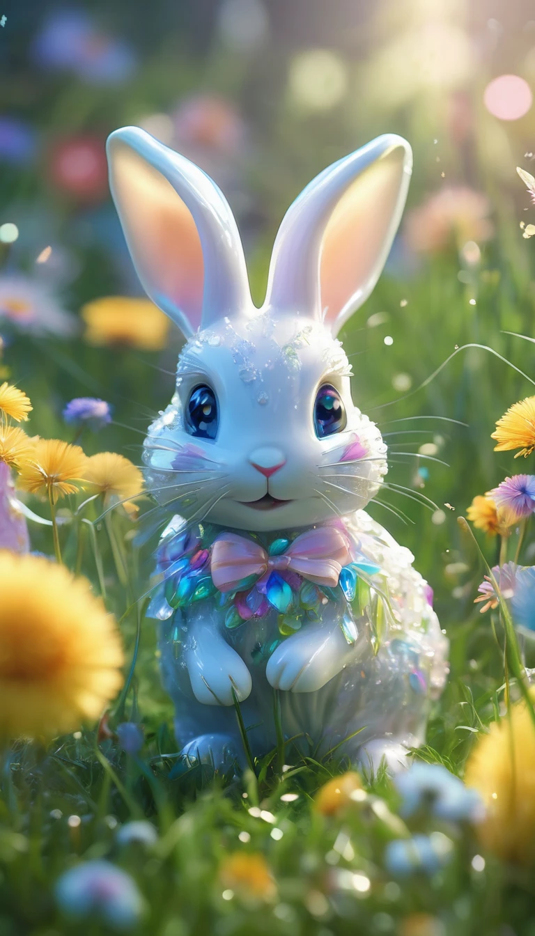 (best quality,4K,8k,high resolution,masterpiece:1.2),Super detailed,(Practical,photoPractical,photo-Practical:1.37),Crystal Blue Bunny,Detailed eyes and face,blown glass dandelion,Colorful spring morning [illustration, Bright colors],Bright Sunshine,lush green grass,Delicate petals,sparkling的露珠,Playful and whimsical vibes,sparkling的玻璃反射,Clear details,fascinating、Immersive scenes,meticulous attention to texture,Beautifully crafted rabbit sculptures,Subtle pastel shades,Carefully crafted dandelion seeds,Frosted glass elements,Warm and welcoming atmosphere,Fun and lively atmosphere,As if brought to life by magic,Dreamy and charming environment,sparkling、Vibrant colors,evoke a feeling of joy and wonder,Lovely and delightful artwork