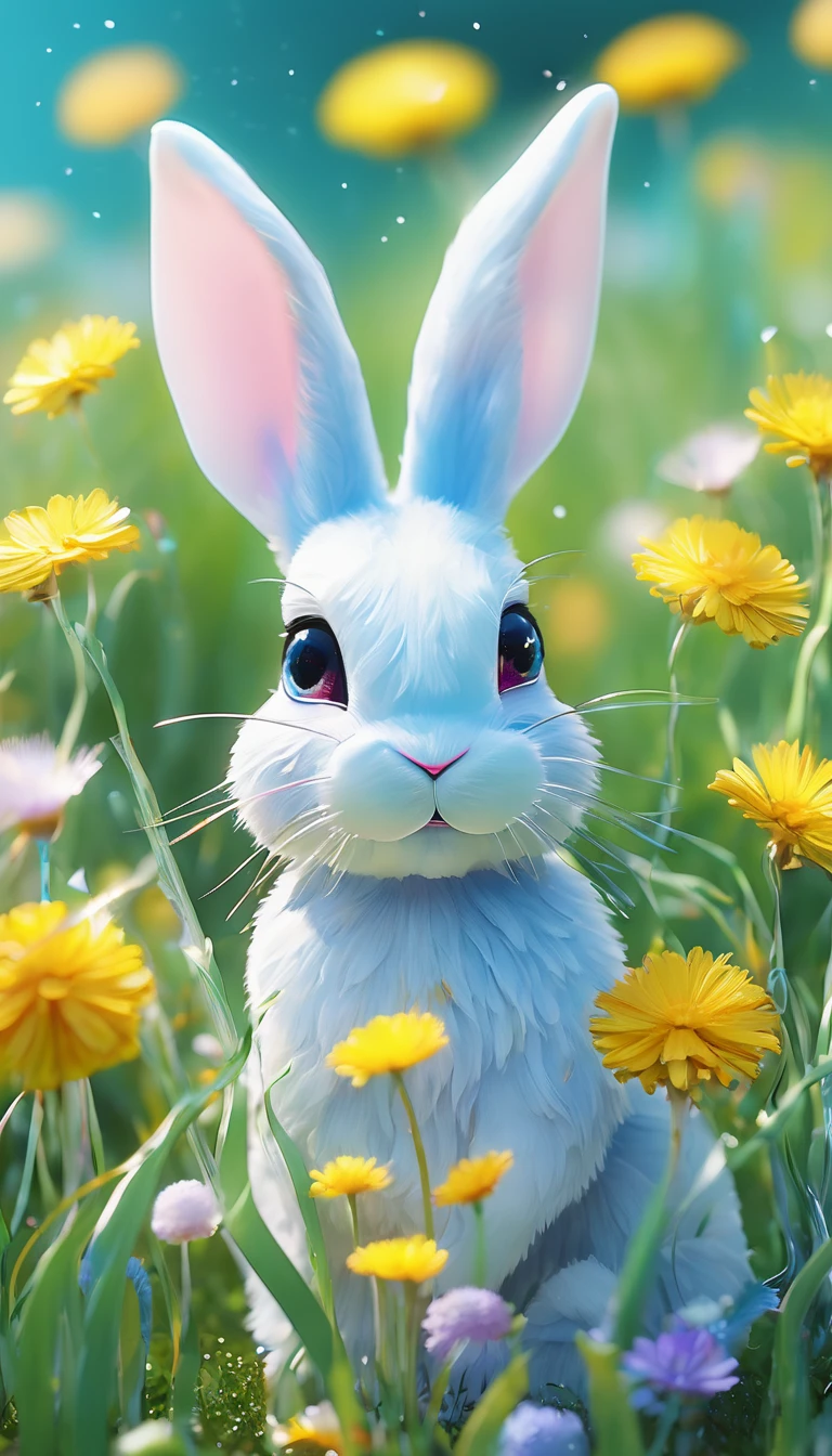 (best quality,4K,8k,high resolution,masterpiece:1.2),Super detailed,(Practical,photoPractical,photo-Practical:1.37),Crystal Blue Bunny,Detailed eyes and face,blown glass dandelion,Colorful spring morning [illustration, Bright colors],Bright Sunshine,lush green grass,Delicate petals,sparkling的露珠,Playful and whimsical vibes,sparkling的玻璃反射,Clear details,fascinating、Immersive scenes,meticulous attention to texture,Beautifully crafted rabbit sculptures,Subtle pastel shades,Carefully crafted dandelion seeds,Frosted glass elements,Warm and welcoming atmosphere,Fun and lively atmosphere,As if brought to life by magic,Dreamy and charming environment,sparkling、Vibrant colors,evoke a feeling of joy and wonder,Lovely and delightful artwork