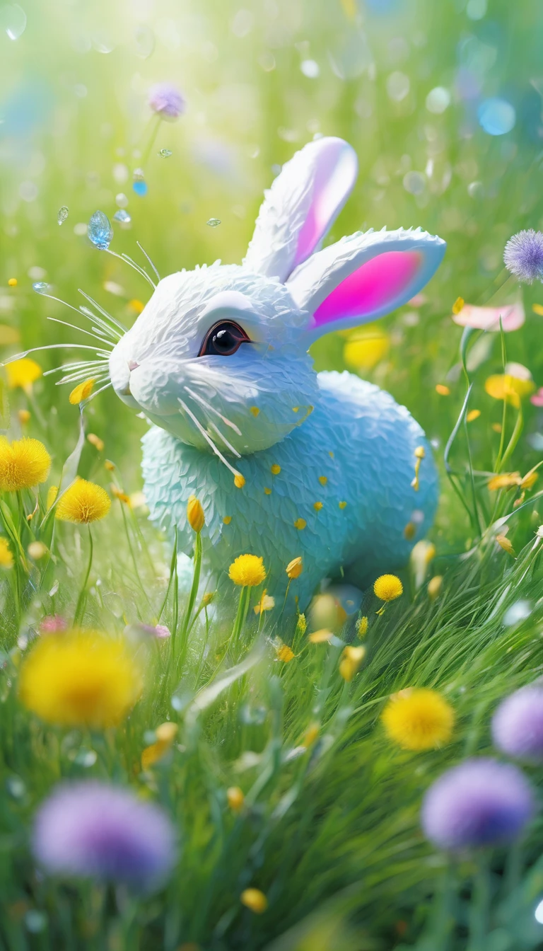 (best quality,4K,8k,high resolution,masterpiece:1.2),Super detailed,(Practical,photoPractical,photo-Practical:1.37),Crystal Blue Bunny,Detailed eyes and face,blown glass dandelion,Colorful spring morning [illustration, Bright colors],Bright Sunshine,lush green grass,Delicate petals,sparkling的露珠,Playful and whimsical vibes,sparkling的玻璃反射,Clear details,fascinating、Immersive scenes,meticulous attention to texture,Beautifully crafted rabbit sculptures,Subtle pastel shades,Carefully crafted dandelion seeds,Frosted glass elements,Warm and welcoming atmosphere,Fun and lively atmosphere,As if brought to life by magic,Dreamy and charming environment,sparkling、Vibrant colors,evoke a feeling of joy and wonder,Lovely and delightful artwork
