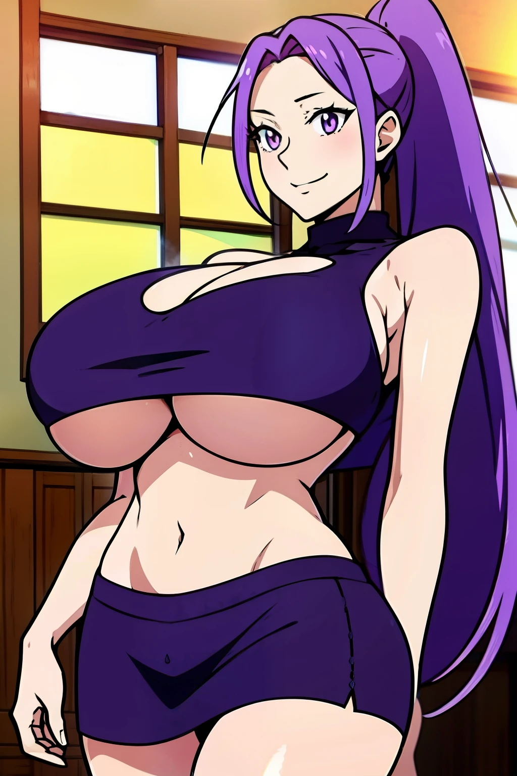 An anime-style artwork depicting shion from the anime tensei shittara slime datta.

Tags: shion, anime, detailed eyes, detailed lips, cleavage, crop top, turtleneck, mini skirt, midriff, smiling expression, intense gaze, dynamic pose, indoor, palace, vibrant colors, digital art, high-resolution, professional quality, gigantic breasts, (underboob : 1.4), curvy, cowboy shot, (gigantic breasts: 1.4), shion, hair intakes, long hair, ponytail, (purple eyes:1.1), purple hair, hair intakes, long hair, ponytail, (purple eyes:1.1), purple hair,