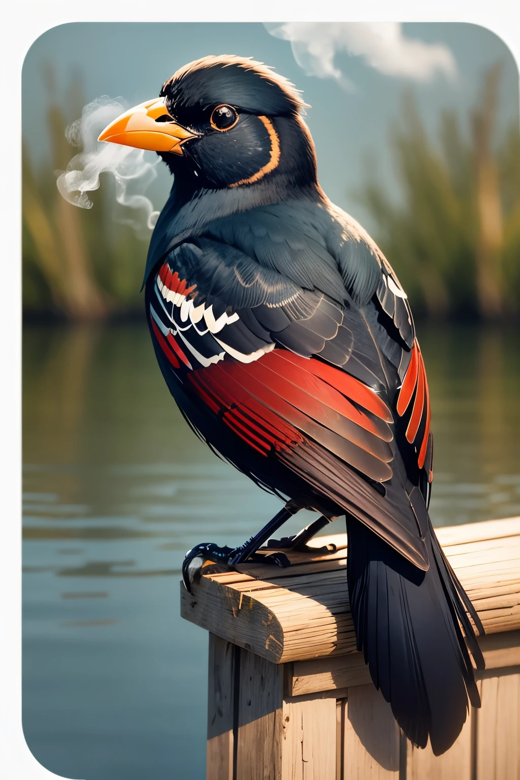 Create an image of a photo quality wildlife photograph of a redwing blackbird perched on a reed. Show two or three musical notes emitting from its beak in the form of cold breath vapor. The notes should look ghostly and smokey.