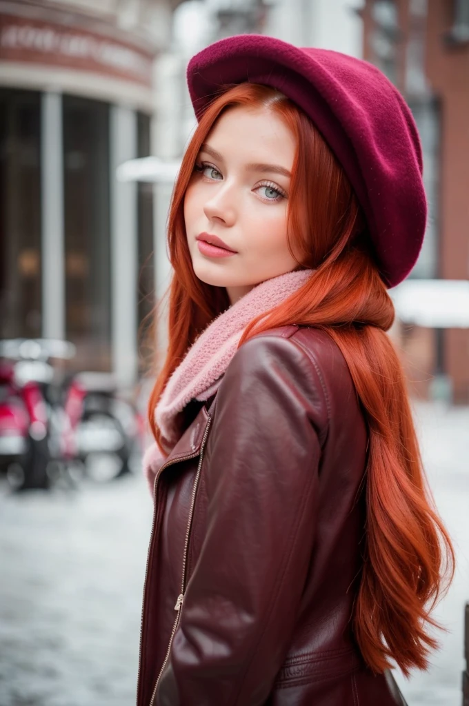 [Picture taken from back] A close-up portrait of a gorgeous, beautiful, elegant russian woman wearing a stylish urban outfit: a burgundy leather jacket, newsboy cap and pink scarf she carries a big leather backpack. A redhead woman from Russia, delicate red lips, pastel pink skin tone, wearing a pale pink scarf, and tricolor sweater, soft flawless pale skin, classy redhead woman, a majestic lady, dream beauty, ethereal beauty, angelical face, delicate, sensitive, tender, femenine and strong woman. She's making a photo book on red square, posing for camera.