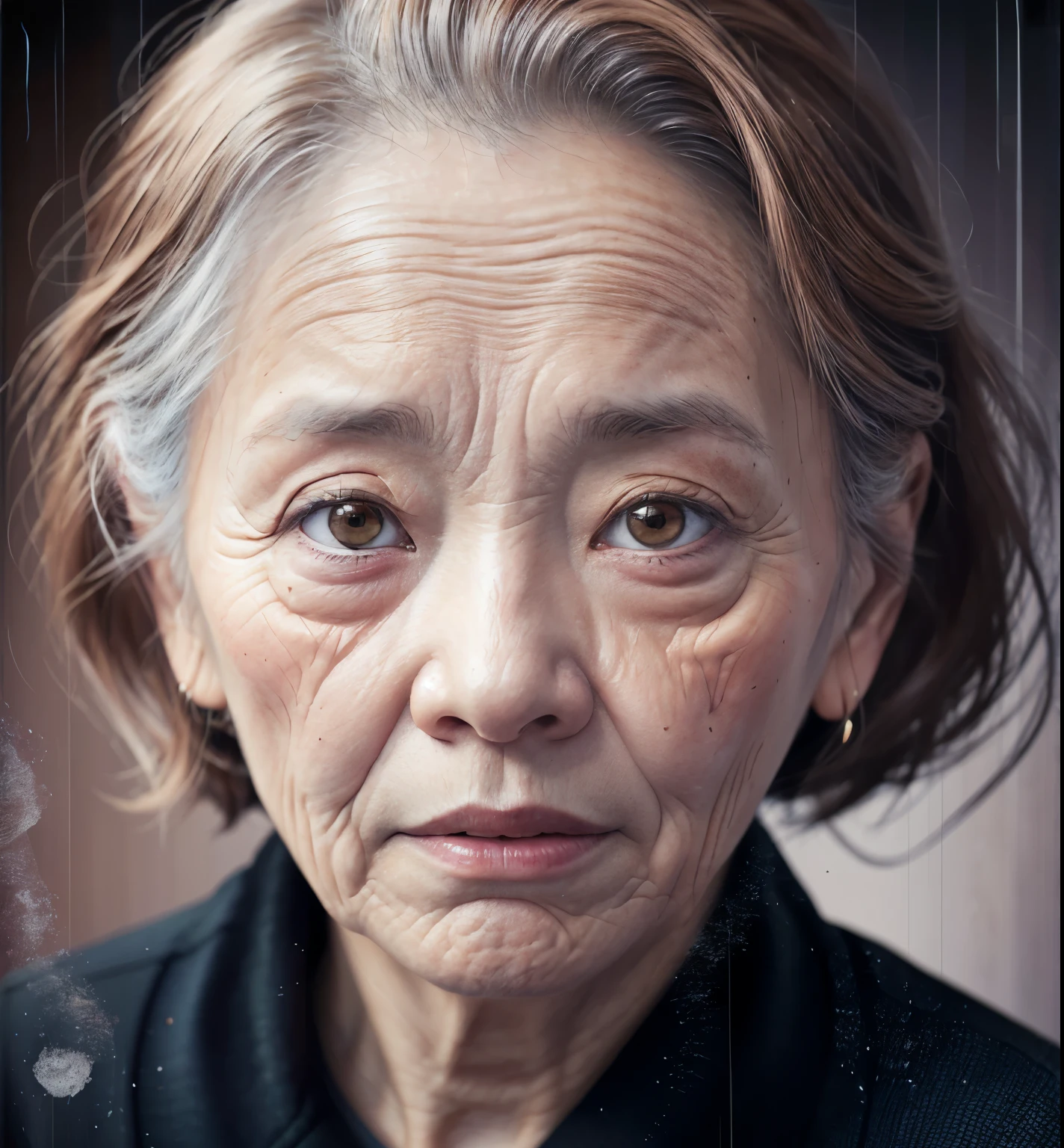 There are wrinkles、父親のシャツを着てカメラを見ているベトナムの老woman, 60 years old, Surreal Digital Painting, Wrinkled face, High fidelity digital art, Surreal digital art, Surreal Digital Painting, Ultra-detailed portraits , Woman with a straight face, woman, 8K Artistic Portrait Photography, Surreal digital art , (((brown hair)))