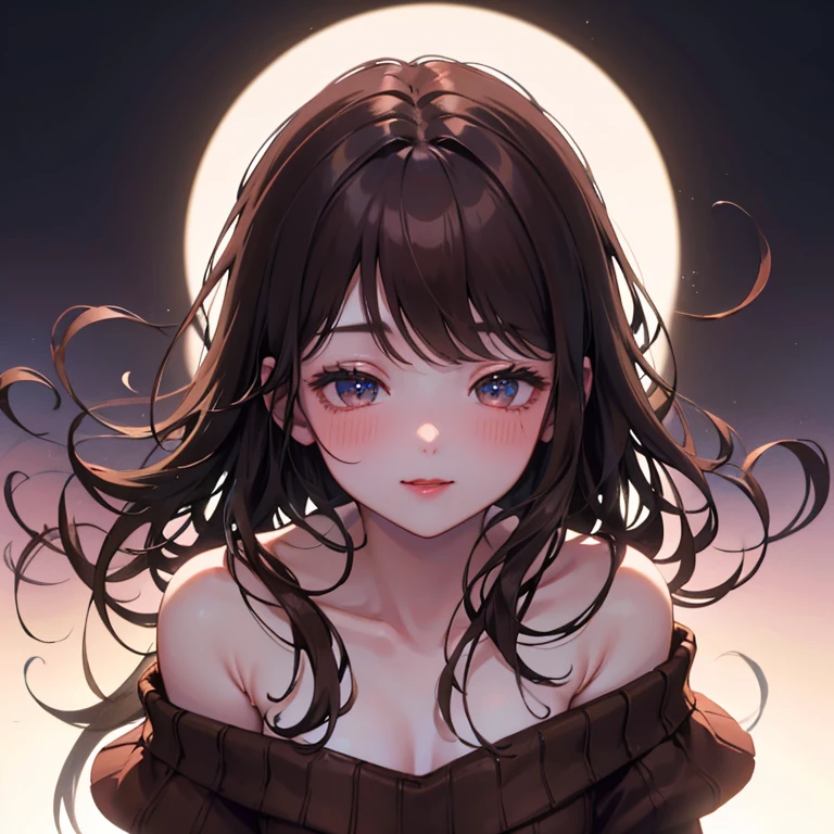 A light blush and a smile, (Masterpiece of the highest quality:1.2) Delicate illustrations, super detailed, /Beautiful Japanese Women、1 person,Very cute and slim、Outstanding style 、((8K images、super high quality))、Very delicate face, Skin and Hair、Red lipstick、Long Hair、straggling hair,(((((Gradient Hair、brown hair))))),Eyes and nose are clearly visible、Kind eyes,(((Off-the-shoulder sweater、Watching the audience、full body shot)))