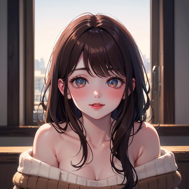 A light blush and a smile, (Masterpiece of the highest quality:1.2) Delicate illustrations, super detailed, /Beautiful Japanese Women、1 person,Very cute and slim、Outstanding style 、((8K images、super high quality))、Very delicate face, Skin and Hair、Red lipstick、Long Hair、straggling hair,(((((Gradient Hair、brown hair))))),Eyes and nose are clearly visible、Kind eyes,(((Off-the-shoulder sweater、Watching the audience、full body shot)))