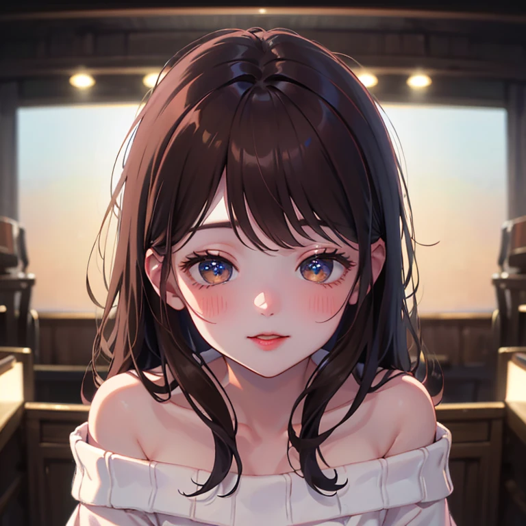 A light blush and a smile, (Masterpiece of the highest quality:1.2) Delicate illustrations, super detailed, /Beautiful Japanese Women、1 person,Very cute and slim、Outstanding style 、((8K images、super high quality))、Very delicate face, Skin and Hair、Red lipstick、Long Hair、straggling hair,(((((Gradient Hair、brown hair))))),Eyes and nose are clearly visible、Kind eyes,(((Off-the-shoulder sweater、Watching the audience、full body shot)))