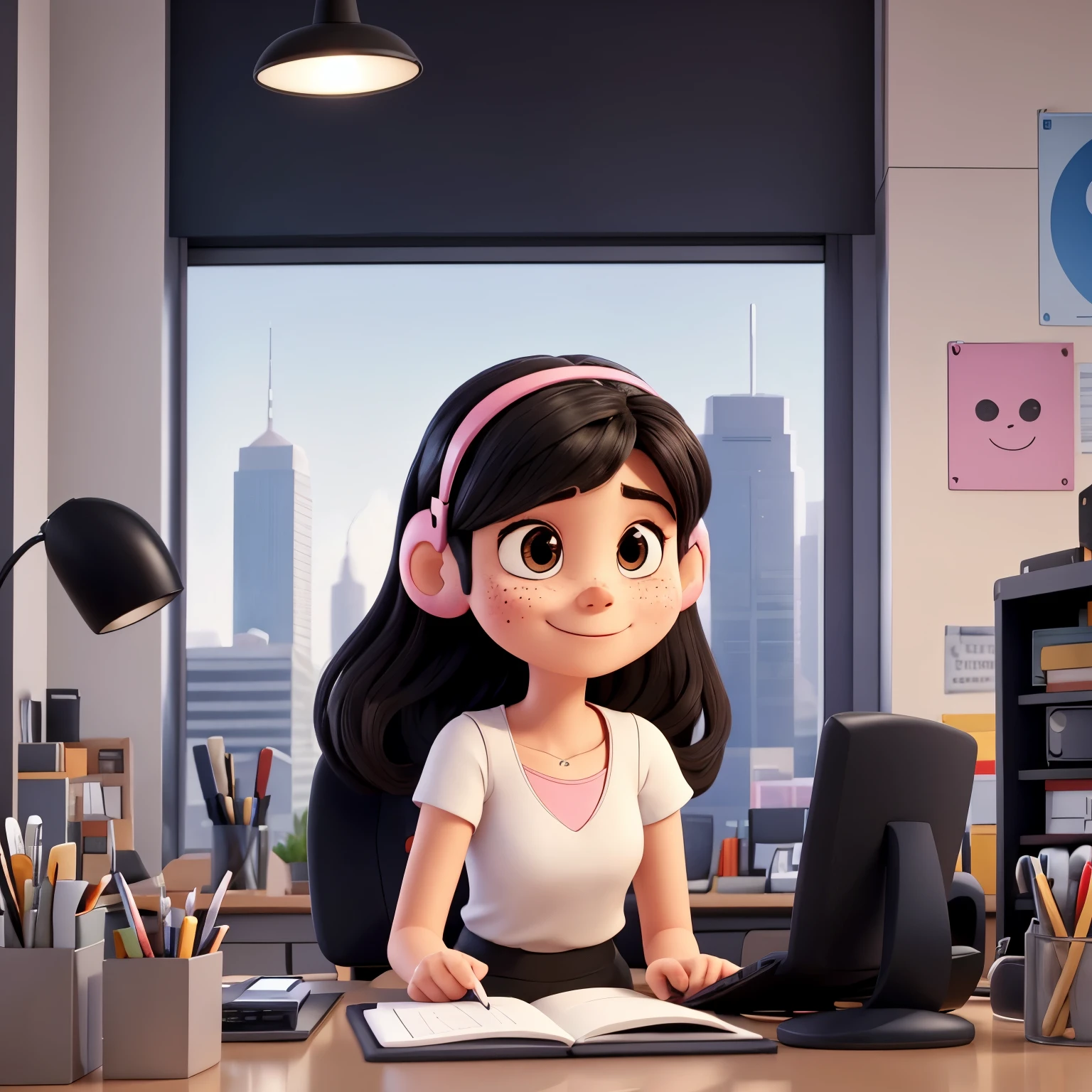 A woman with a small face. Round face, small nose. The one with freckles. Round eyes. Black, straight, long, black hair without bangs. black round eyes. A golden gift to the Pentagon. He laughs. Wearing a pink computer headset. black pants, white tank top with graphic shapes. High floor plaza office image with background. In front of the office desk, there are notebooks next to it. He works with his computer in front of him. holding a drawing tablet. graphic artist