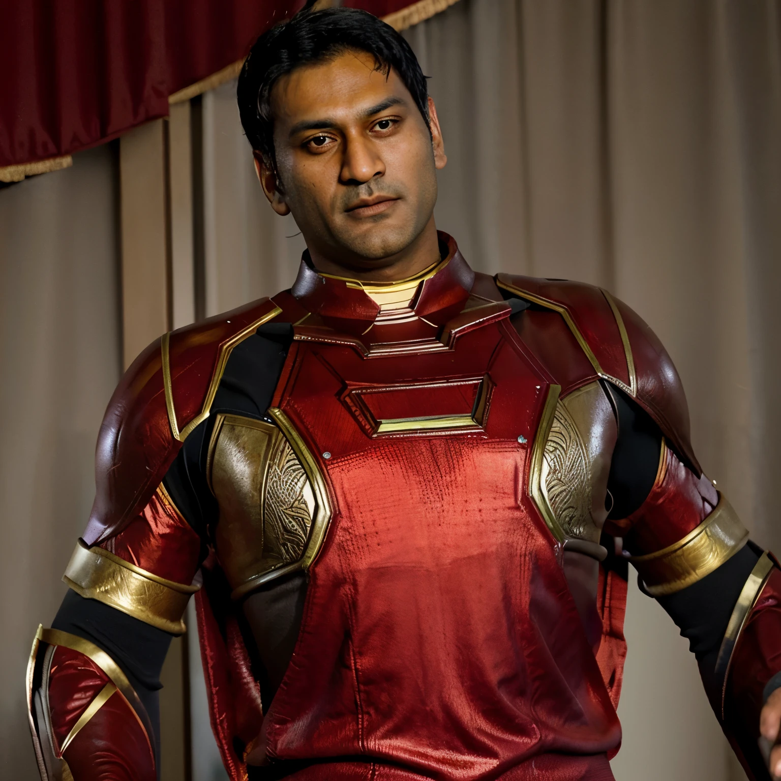 (masterpiece, intricately detailed, highest resolution, best quality:1.2), (doujin), a cocky African American Instagram influencer,a 24 y.o muscle stud with a muscular physique sitting on a chair with black eyes,dark-skinned male, wearing a ((Ironman inspired costume)), (excessive cum), (cum on body), (cum drip), flaccid penis,saggy balls,hairy chest,vascular,muscle striations,soft light,fantastic realism,