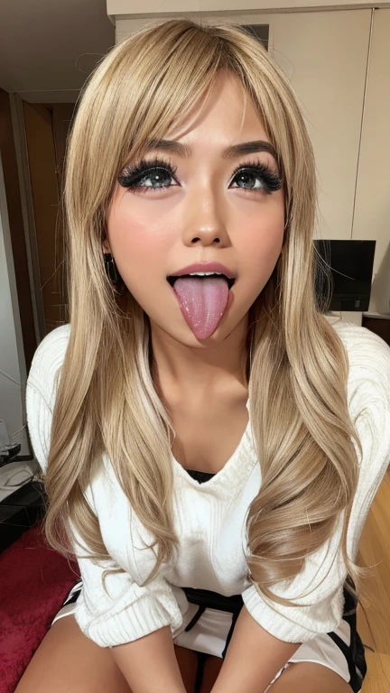 Japanese women, beautiful girl, Gal,Blonde、 Baby Face, Realistic skin of the highest quality, Eyes are focused, 20-year-old, Sticking out tongue, Focus on the mouth, Open your mouth, Long Tongue, saliva, Open your mouth , You can see inside the mouth, Open your mouth 舌を突き出す, realistic tongue