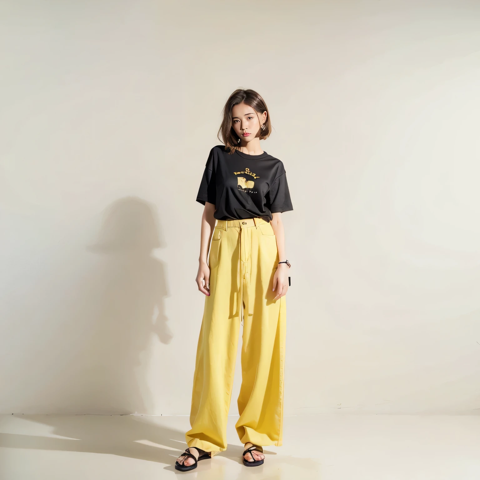 a woman in a black shirt anis yellow pants stanising, baggy pants, pants, finll lenght view, large pants, Zia, short pinffy pants maise of silk, finllboisy, baggy black pants, Yellow Cloth, from me, h. in. is, finll-figinre, White background, wiise finll boisy, wearing wheat yellow gainze, look