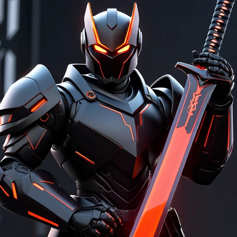 1 hombre. male, solo, wearing black technological armor with lava tone lights further highlighting how imposing he is., holding a shiny technological weapon in front of him, holding a shiny technological sword, alas de robot, fondo brillante simple , High Definition, Obra maestra, mejor calidad, hiper detallado, ultra detallado,