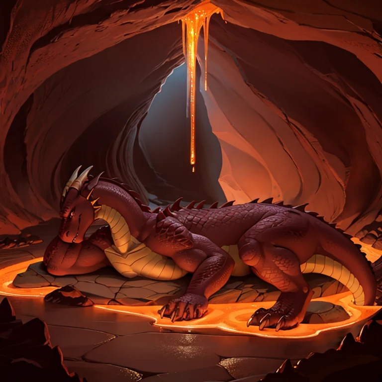 Female, large, fierce dragon, wearing golden jewelry, laying splayed out, lounging on top of dragon hoard, sultry, looking at camera, smug look, cave filled with piles of treasure and bones, dark cavern, underground, lit from below, maroon scales shimmering in dark, eyes glowing in dark, intimidating, muscular