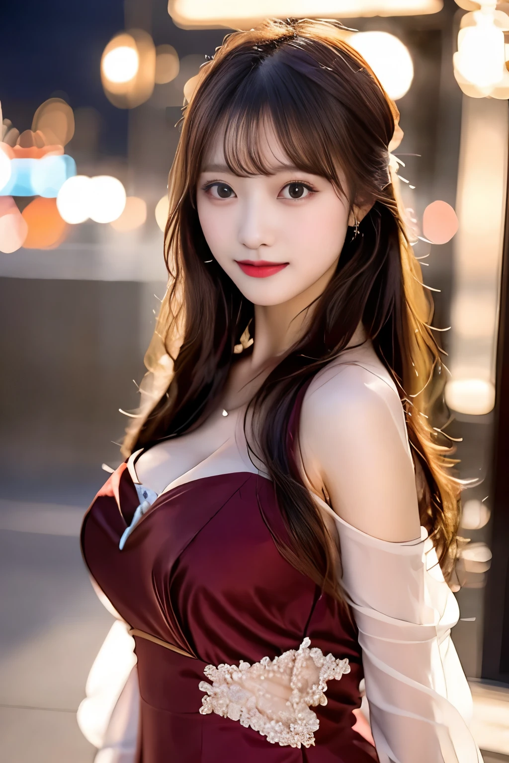 highest quality。８K-Picture。Ultra-high resolution。The background is a night city。With a girl。Long hair、Slightly wavy,,,,,,,,,,,,,,,,,,,,,,,,,,,,,,,,,,,,,,,,,,,,,,,,,,,。The color is dark brown。Glamour Style、((Big Breasts：1.8))。Wearing a red dress、Gorgeous dancing photos。Overall delicate finish。Beautiful body line。Long legs、Wear red high heels。((Her hair shines as it reflects the street。The eyeball reflects the surrounding scenery。My skin is wet with night dew))。Almost the perfect woman。((time々Upper body close-up))。The second highlighted part々I want a close-up shot。