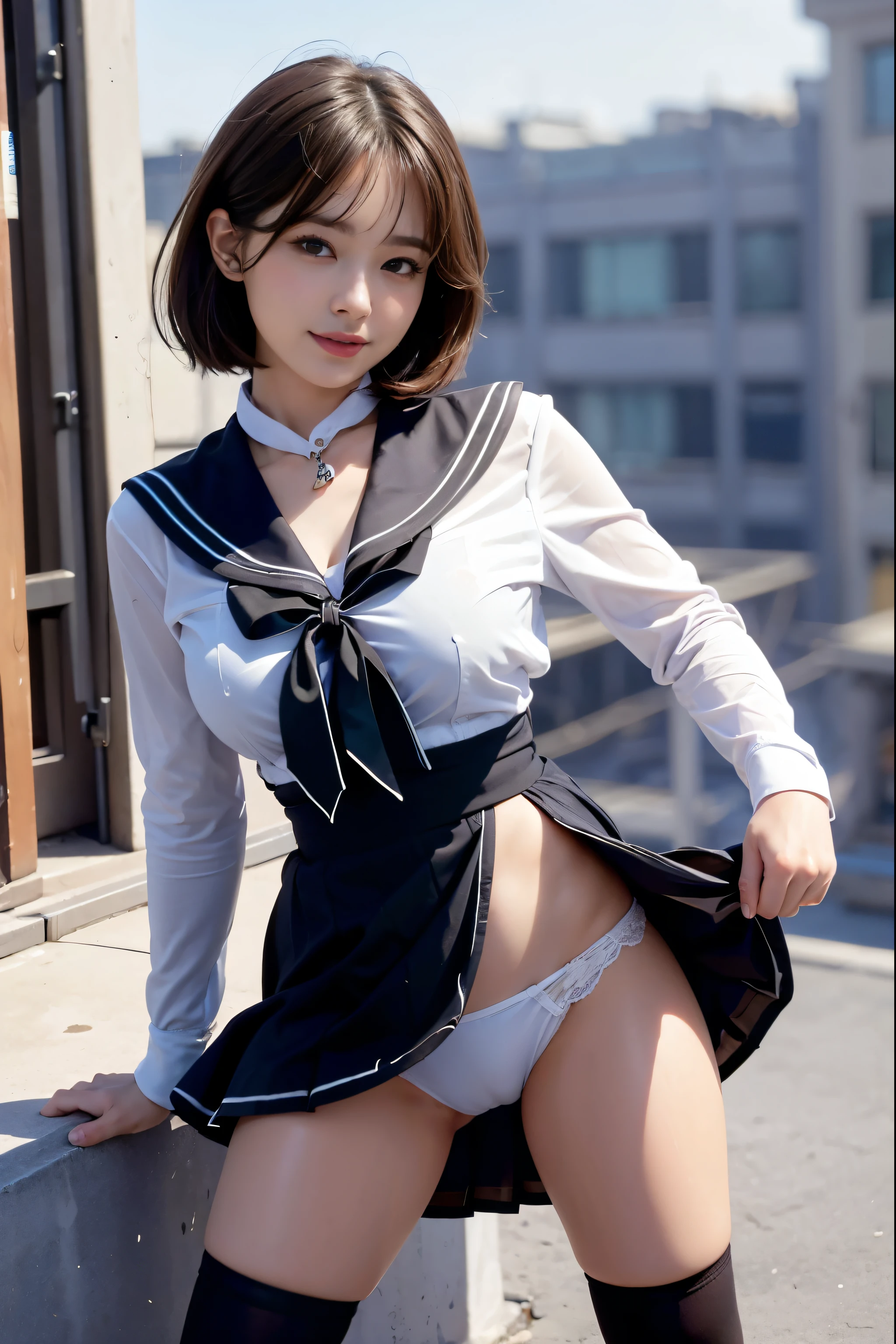 (reality: 1.4),highest quality, masterpiece, high detail, 16K quality, beautiful, 1 beautiful girl,japanese,super beautiful face,,japanese idol face,cute face,super detailed face,detailed hand,beautiful skin,oily skin,big eyes,profeccional lighting,short hair,black hair,brown beautiful eyes, big smile,standing, (skirt lift),big breasts,(sailor suit),(checked skirt),white panties,(showing panties),black high socks,spread legs, she is looking at the camera,Skyscraper rooftop,blue sky, nsfw,from front,