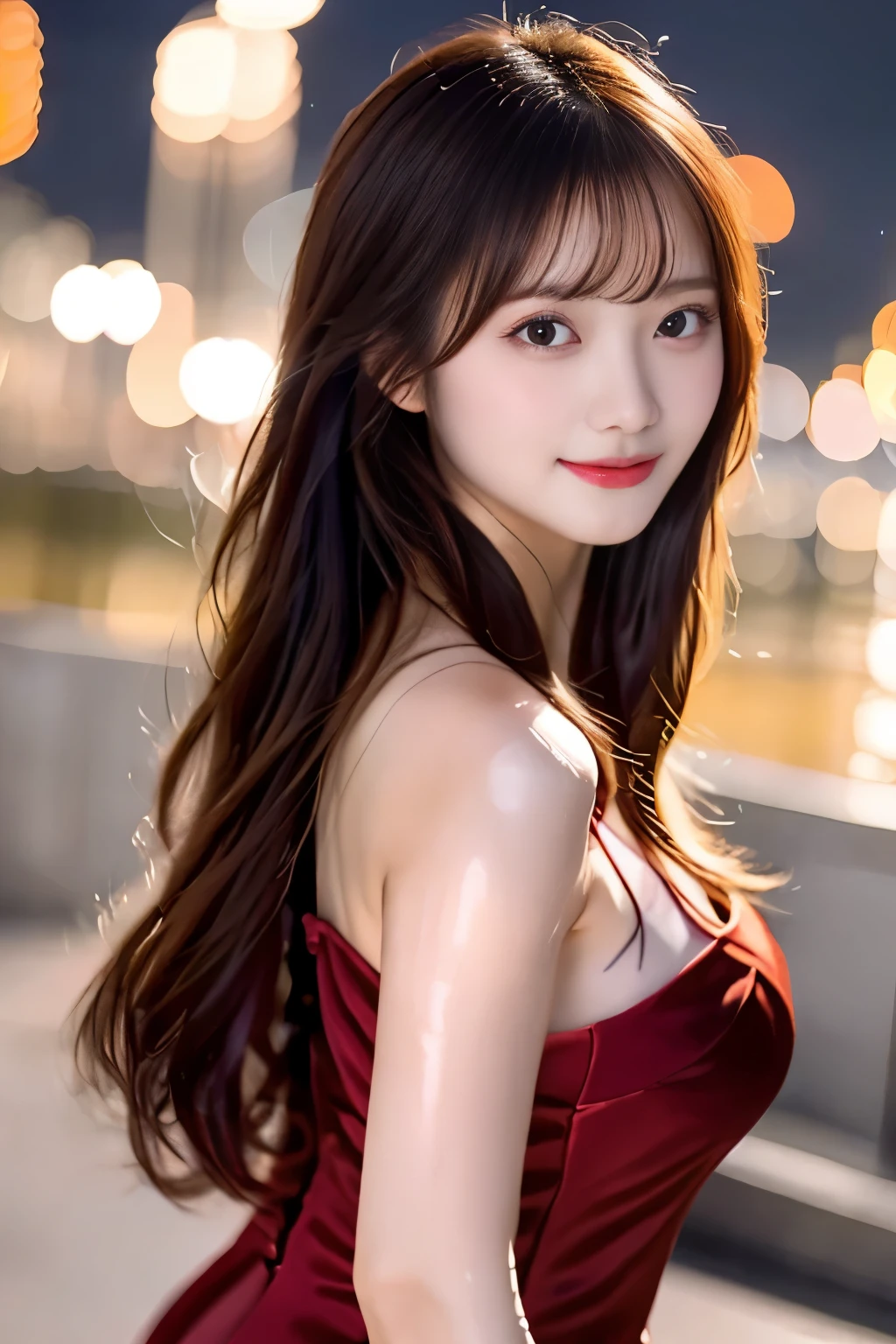 highest quality。８K-Picture。Ultra-high resolution。The background is a night city。With a girl。Long hair、Slightly wavy,,,,,,,,,,,,,,,,,,,,,,,,,,,,,,,,,,,,,,,,,,,,,,,,,,,。The color is dark brown。Glamour Style、((Big Breasts：1.8))。Wearing a red dress、Gorgeous dancing photos。Overall delicate finish。Beautiful body line。Long legs、Wear red high heels。((Her hair shines as it reflects the street。The eyeball reflects the surrounding scenery。My skin is wet with night dew))。Almost the perfect woman。((time々Upper body close-up))。The second highlighted part々I want a close-up shot。