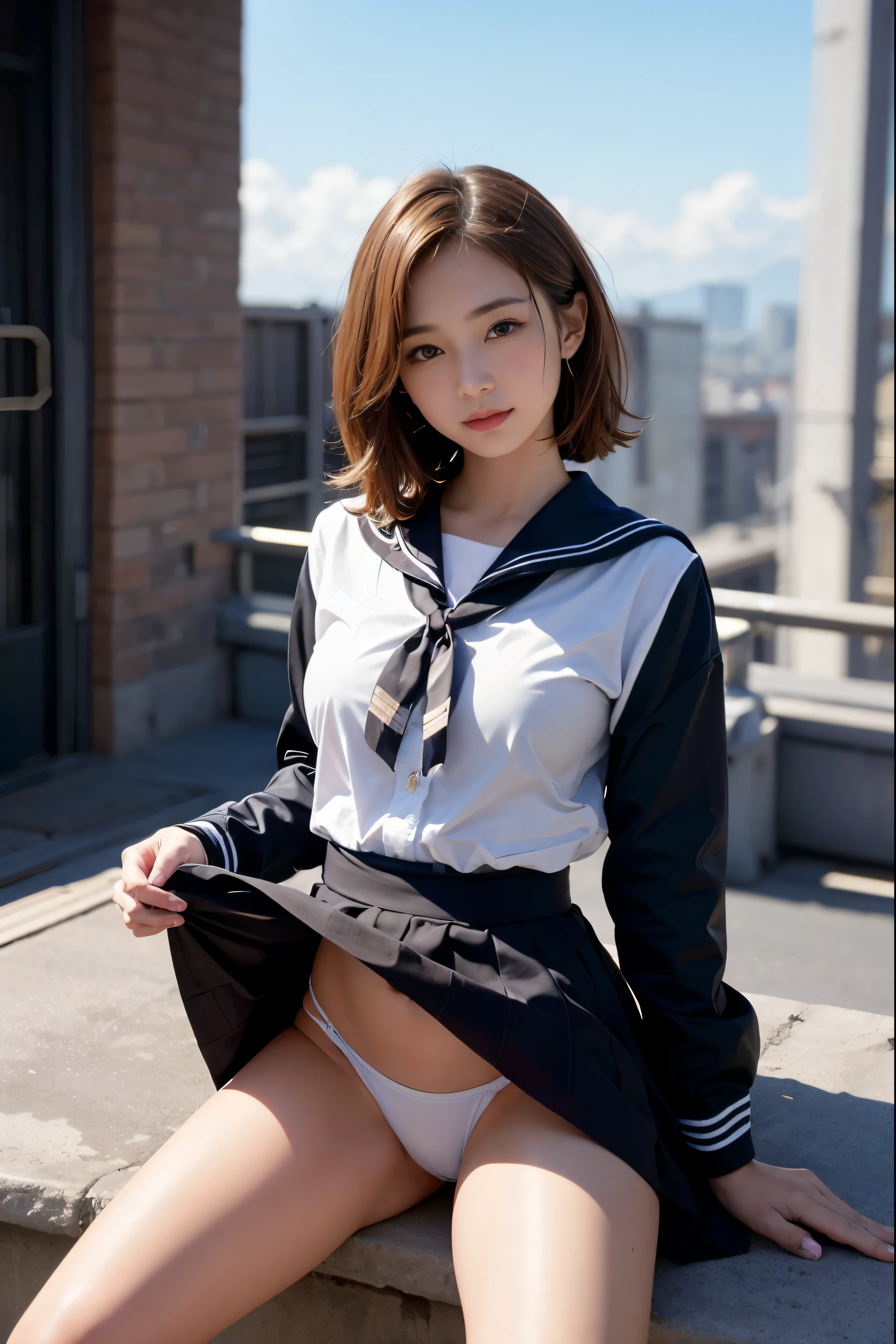 (reality: 1.4),highest quality, masterpiece, high detail, 16K quality, beautiful, 1 beautiful girl,japanese,super beautiful face,,japanese idol face,cute face,super detailed face,detailed hand,beautiful skin,oily skin,big eyes,profeccional lighting,short hair,black hair,brown beautiful eyes, big smile,standing, (skirt lift),big breasts,(sailor suit),(checked skirt),white panties,(showing panties),black high socks,spread legs, she is looking at the camera,Skyscraper rooftop,blue sky, nsfw,from front,
