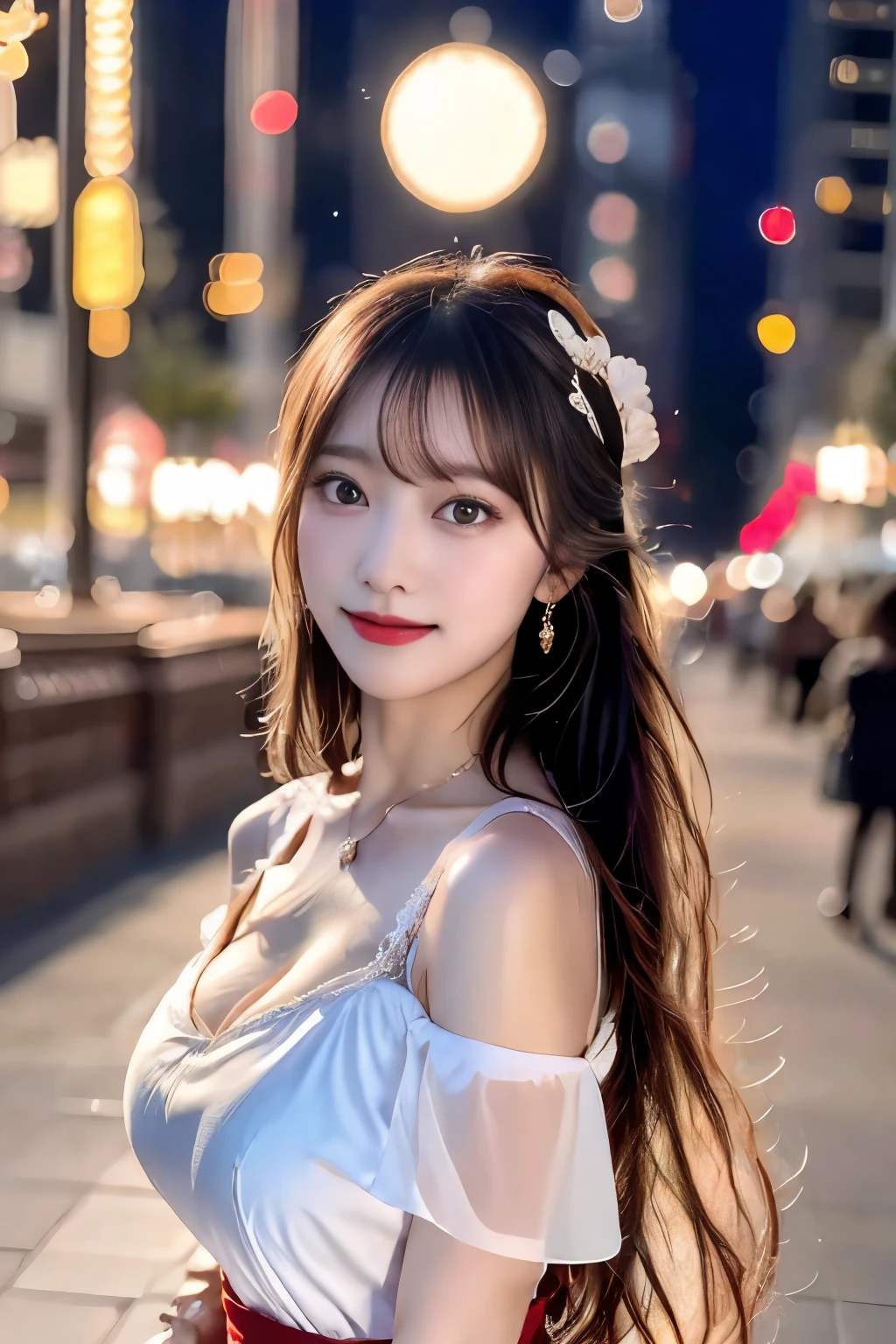 highest quality。8K-Picture。Ultra-high resolution。The background is a night city。With a girl。Long hair、Slightly wavy,,,,,,,,,,,,,,,,,,,,,,,,,,,,,,,,,,,,,,,,,,,,,,,,,,,。The color is dark brown。Glamour Style、((Big Breasts:1.8))。Wearing a red dress、Gorgeous dancing photos。Overall delicate finish。Beautiful body line。Long legs、Wear red high heels。((Her hair shines as it reflects the street。The eyeball reflects the surrounding scenery。My skin is wet with night dew))。Almost the perfect woman。((time々Upper body close-up))。The second highlighted part々I want a close-up shot。