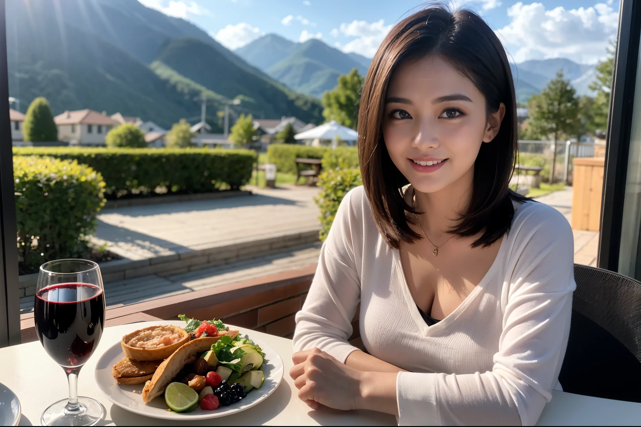 ((highest quality、8k、masterpiece:1.3))、Sharp focus:1.2、Beautiful woman perfect body:1.4、slimなボディ、((Bob Hale、Straight hair:1.2))、(to be born, highest quality, masterpiece:1.5), (Realistic, Intricate details:1.2), Ultra-high resolution, Shine light on your face、Spectacular view of the sunset sky and clouds、Amazing mountain views、ニコニコ明るいsmile、wine glass、red wine 、Appetizer、Italian food、Wine bottle、Champagne、sparkling wine、, Beautiful Face, blue eyes, The light shines on your face, Blushing, short hair,Bright Face、Fox face、 (36 years old), 39 years old, Lady、Two beauties、brown hair、Shortcuts、Long sleeve shirt、dress、Pretty Woman 1, (slimな顔), (The body is slim), (brown hair), (Shortcuts), cheeks turn a little red,Attractive beauty、, Out of the window, A beautiful and detailed night view unfolds.........., restaurant, In a prominent place (From the waist up) Nova Frog Style, actress, model, Upper Body, White wine, slim, wine glass, 真ん中に置かれたwine glass, smile, (smile: 1.15), Beautiful fine grain, Depth f/2,saturation, High Contrast, Strong light and shadow,Moist Body:1.5、3D texture、Delicate eyes、brown hair、The hair is very shiny、