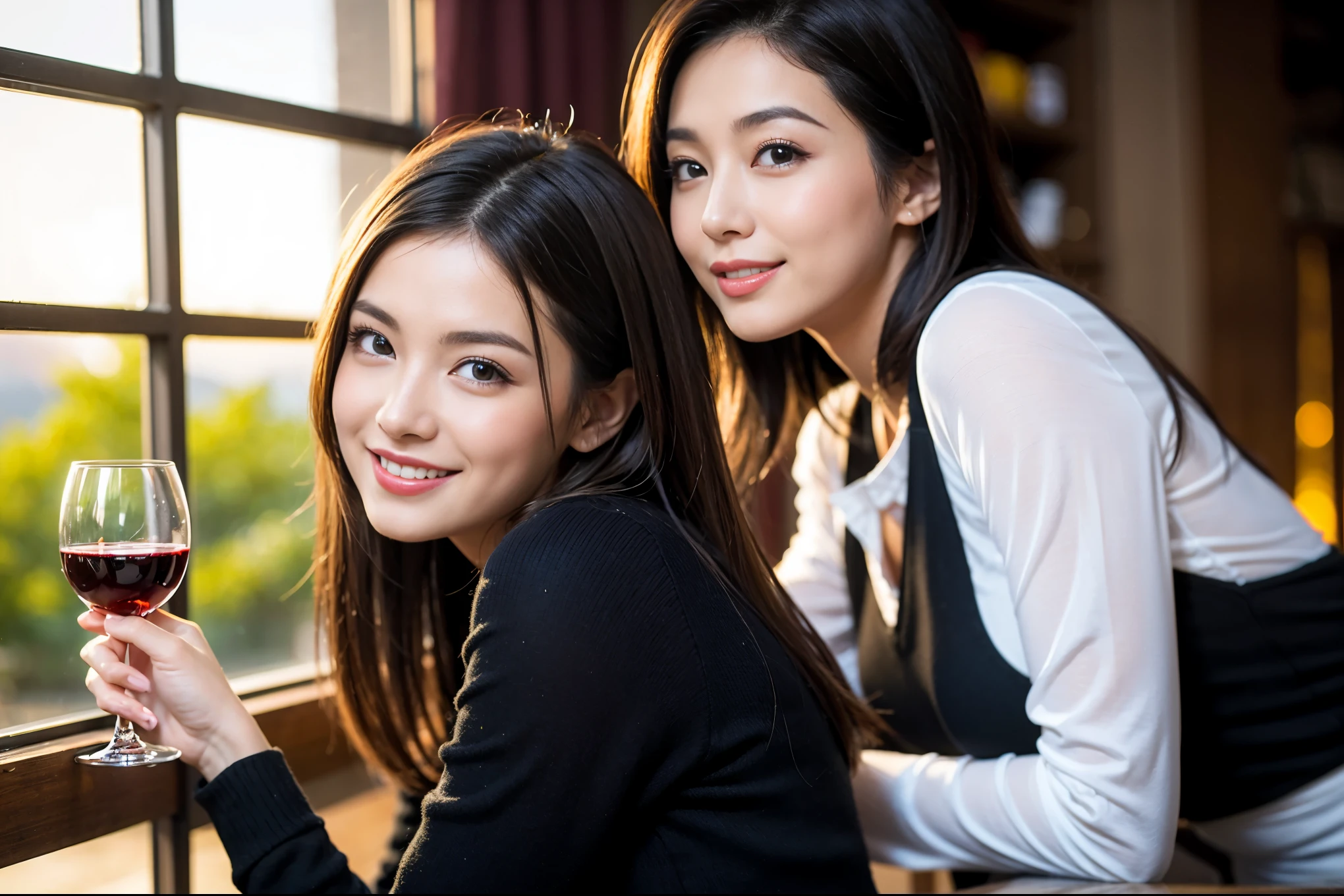 ((highest quality、8k、masterpiece:1.3))、Sharp focus:1.2、Beautiful woman perfect body:1.4、slimなボディ、((Bob Hale、Straight hair:1.2))、(to be born, highest quality, masterpiece:1.5), (Realistic, Intricate details:1.2), Ultra-high resolution, Shine light on your face、Spectacular view of the sunset sky and clouds、Amazing mountain views、ニコニコ明るいsmile、wine glass、red wine 、Appetizer、Italian food、Wine bottle、Champagne、sparkling wine、, Beautiful Face, blue eyes, The light shines on your face, Blushing, short hair,Bright Face、Fox face、 (36 years old), 39 years old, Lady、Two beauties、brown hair、Shortcuts、Long sleeve shirt、dress、Pretty Woman 1, (slimな顔), (The body is slim), (brown hair), (Shortcuts), cheeks turn a little red,Attractive beauty、, Out of the window, A beautiful and detailed night view unfolds.........., restaurant, In a prominent place (From the waist up) Nova Frog Style, actress, model, Upper Body, White wine, slim, wine glass, 真ん中に置かれたwine glass, smile, (smile: 1.15), Beautiful fine grain, Depth f/2,saturation, High Contrast, Strong light and shadow,Moist Body:1.5、3D texture、Delicate eyes、brown hair、The hair is very shiny、