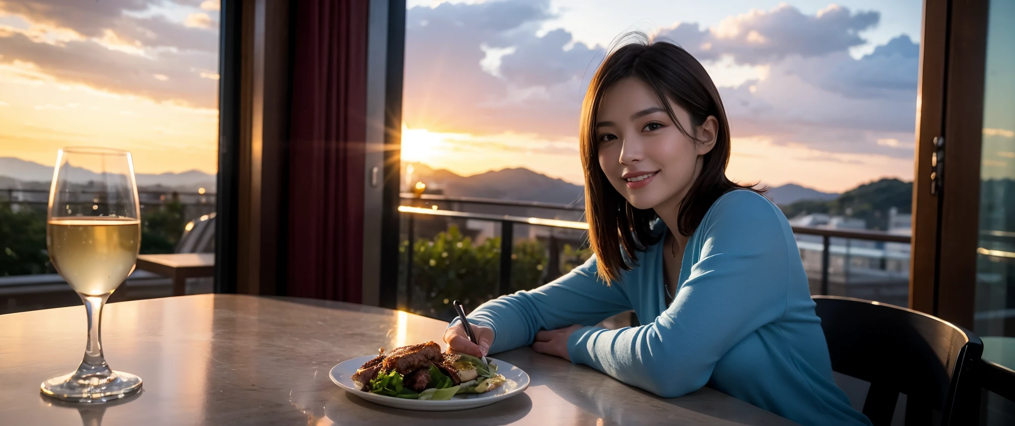((highest quality、8k、masterpiece:1.3))、Sharp focus:1.2、Beautiful woman perfect body:1.4、slimなボディ、((Bob Hale、Straight hair:1.2))、(to be born, highest quality, masterpiece:1.5), (Realistic, Intricate details:1.2), Ultra-high resolution, Shine light on your face、Spectacular view of the sunset sky and clouds、Amazing mountain views、ニコニコ明るいsmile、wine glass、red wine 、Appetizer、Italian food、Wine bottle、Champagne、sparkling wine、, Beautiful Face, blue eyes, The light shines on your face, Blushing, short hair,Bright Face、Fox face、 (36 years old), 39 years old, Lady、Two beauties、brown hair、Shortcuts、Long sleeve shirt、dress、Pretty Woman 1, (slimな顔), (The body is slim), (brown hair), (Shortcuts), cheeks turn a little red,Attractive beauty、, Out of the window, A beautiful and detailed night view unfolds.........., restaurant, In a prominent place (From the waist up) Nova Frog Style, actress, model, Upper Body, White wine, slim, wine glass, 真ん中に置かれたwine glass, smile, (smile: 1.15), Beautiful fine grain, Depth f/2,saturation, High Contrast, Strong light and shadow,Moist Body:1.5、3D texture、Delicate eyes、brown hair、The hair is very shiny、
