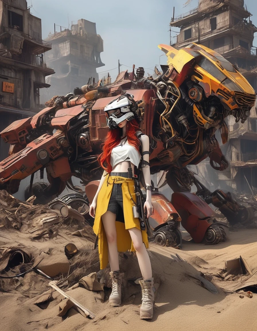 Doomsday wasteland style，（The Ruins Rose heroine who is very beautiful and powerful in the doomsday world），Mecha Clothing，Extra long red hair，Beautiful Asian face，Asian Girls, mechanical, Glass mask passes light through, Delicate skin texture, Determined gaze，It&#39;s the scorching sun and strong wind，Yellow sand rolling，The broken eaves and broken walls are everywhere, and the scene is desolate.。In a post-apocalyptic environment，Regardless of appearance or practicality，Everything is for survival，Exaggeration in appearance，Can make enemies feel fear。Many items are basically worn out.，Rust，The form of splicing，Add splash graffiti to create the environment of a wasteland world。Elements such as neon lights will often appear in the doomsday wasteland.。The most important point is that the wasteland world is a world after the collapse of technological civilization.，Productivity setbacks，Material resources are extremely scarce，And scarcity is the essence of the world，The inequality of supply and demand gives things value。