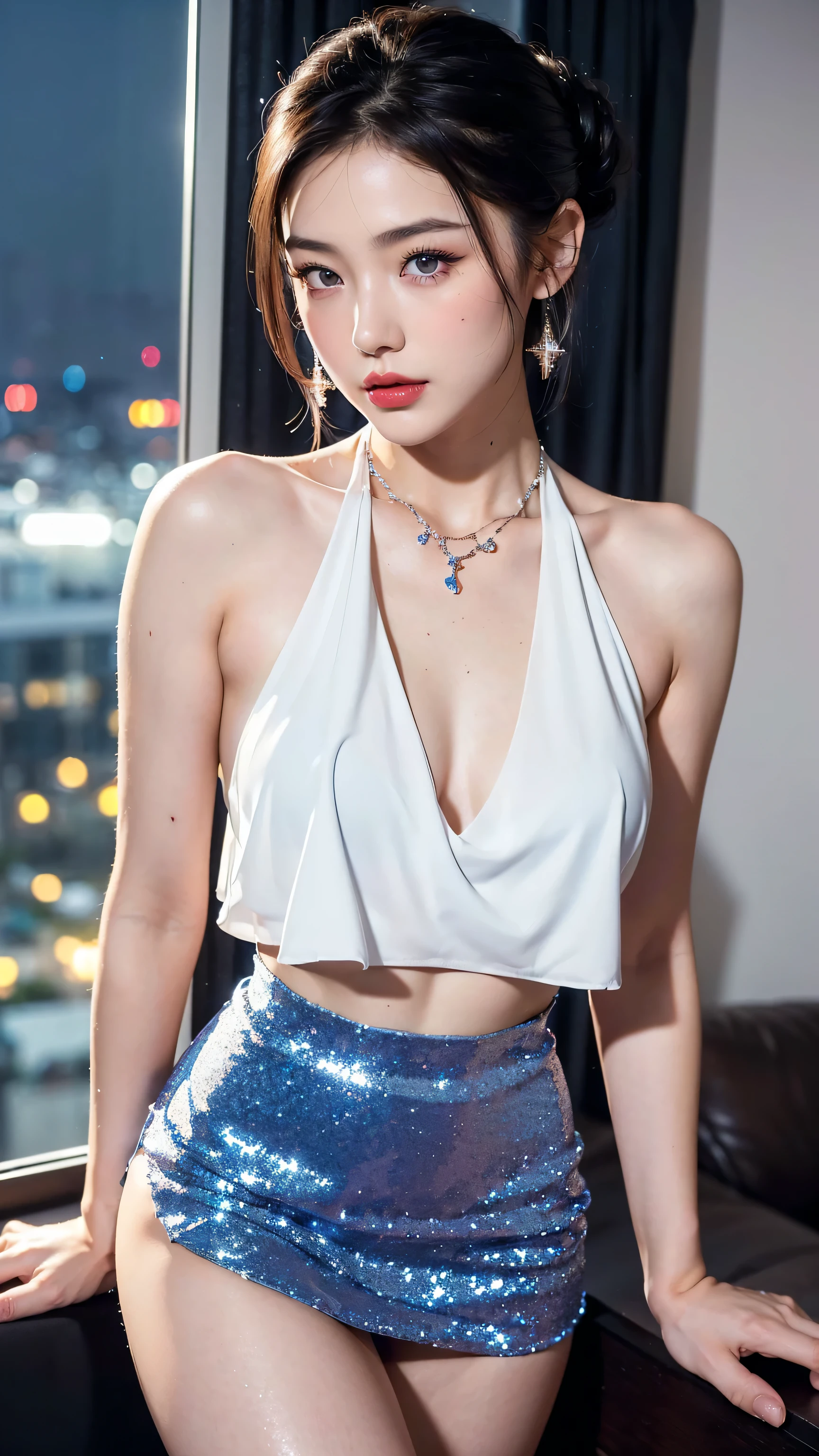 ((Realistic photo, Best quality, 8K, Masterpiece: 1.3)), (raw photo:1.2), Hyperrealist portrait gorgeous Beautiful Chinese girl, , Perfect Figure, pretty body, (beautiful small breasts: 1.2), very detailed eyes and face, (lustfully naughty face, crimson red lip, heavy makeup: 1.3, blushing, glitter eyelid), beautiful detailed eyes, seductive sharp eyes, (charming expression: 1.2), white skin, photo realistic, very detailed face, ((modern dark blue chiffon backless halter camisole)), ((modern glitter white miniskirt: 1.2)), (modern jewelry, necklace, bracelet), (long legs: 1.2, beautiful long nails), modern bun updo hairstyle: 1.2, ((sexy standing pose)), (modern living room dim light, Night city view background)
