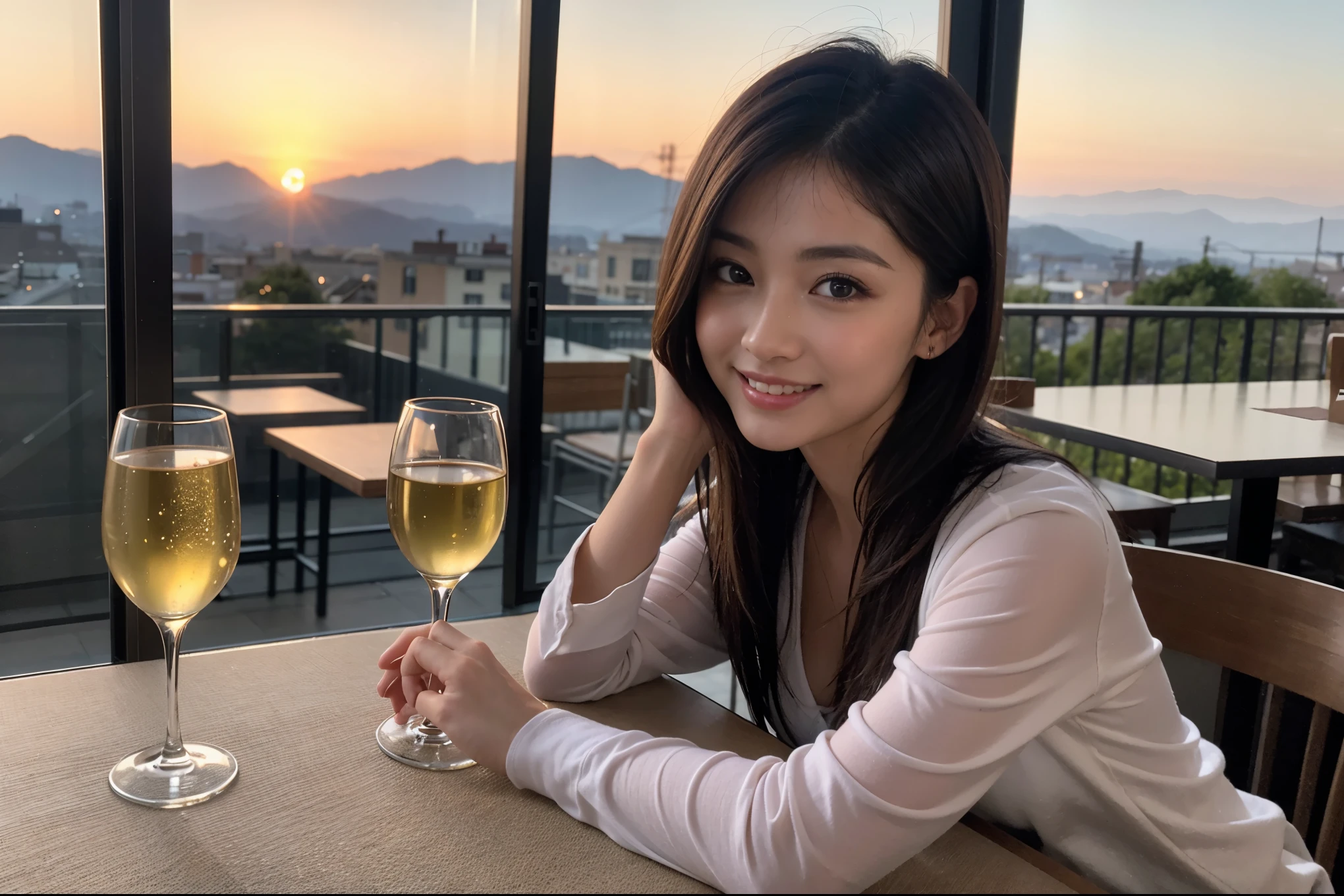 ((highest quality、8k、masterpiece:1.3))、Sharp focus:1.2、Beautiful woman perfect body:1.4、slimなボディ、((Bob Hale、Straight hair:1.2))、(to be born, highest quality, masterpiece:1.5), (Realistic, Intricate details:1.2), Ultra-high resolution, Spectacular view of the sunset sky and clouds、Amazing mountain views、ニコニコ明るいsmile、wine glass、red wine 、Appetizer、Italian food、Wine bottle、Champagne、sparkling wine、, Beautiful Face, blue eyes, The light shines on your face, Blushing, short hair,Bright Face、Fox face、 (36 years old), 39 years old, Lady、Two beauties、brown hair、Shortcuts、Long sleeve shirt、dress、Pretty Woman 1, (slimな顔), (The body is slim), (brown hair), (Shortcuts), cheeks turn a little red,Attractive beauty、, Out of the window, A beautiful and detailed night view unfolds.........., restaurant, In a prominent place (From the waist up) Nova Frog Style, actress, model, Upper Body, White wine, slim, wine glass, 真ん中に置かれたwine glass, smile, (smile: 1.15), Beautiful fine grain, Depth f/2,saturation, High Contrast, Strong light and shadow,Moist Body:1.5、3D texture、Delicate eyes、brown hair、The hair is very shiny、