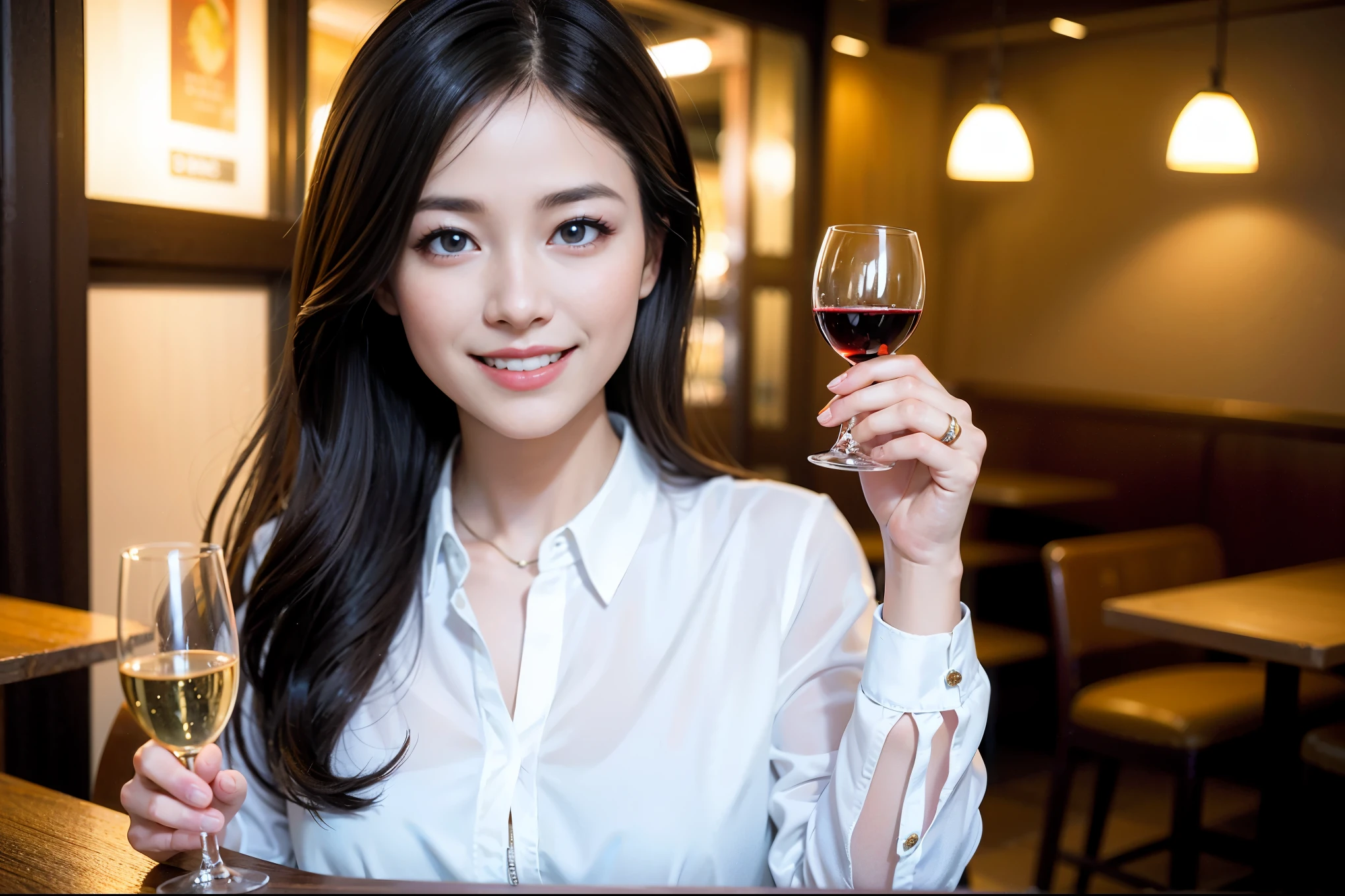 ((highest quality、8k、masterpiece:1.3))、Sharp focus:1.2、Beautiful woman perfect body:1.4、slimなボディ、((Bob Hale、Straight hair:1.2))、(to be born, highest quality, masterpiece:1.5), (Realistic, Intricate details:1.2), Ultra-high resolution, Spectacular view of the sunset sky and clouds、Amazing mountain views、ニコニコ明るいsmile、wine glass、red wine 、Appetizer、Italian food、Wine bottle、Champagne、sparkling wine、, Beautiful Face, blue eyes, The light shines on your face, Blushing, short hair,Bright Face、Fox face、 (36 years old), 39 years old, Lady、Two beauties、brown hair、Shortcuts、Long sleeve shirt、dress、Pretty Woman 1, (slimな顔), (The body is slim), (brown hair), (Shortcuts), cheeks turn a little red,Attractive beauty、, Out of the window, A beautiful and detailed night view unfolds.........., restaurant, In a prominent place (From the waist up) Nova Frog Style, actress, model, Upper Body, White wine, slim, wine glass, 真ん中に置かれたwine glass, smile, (smile: 1.15), Beautiful fine grain, Depth f/2,saturation, High Contrast, Strong light and shadow,Moist Body:1.5、3D texture、Delicate eyes、brown hair、The hair is very shiny、