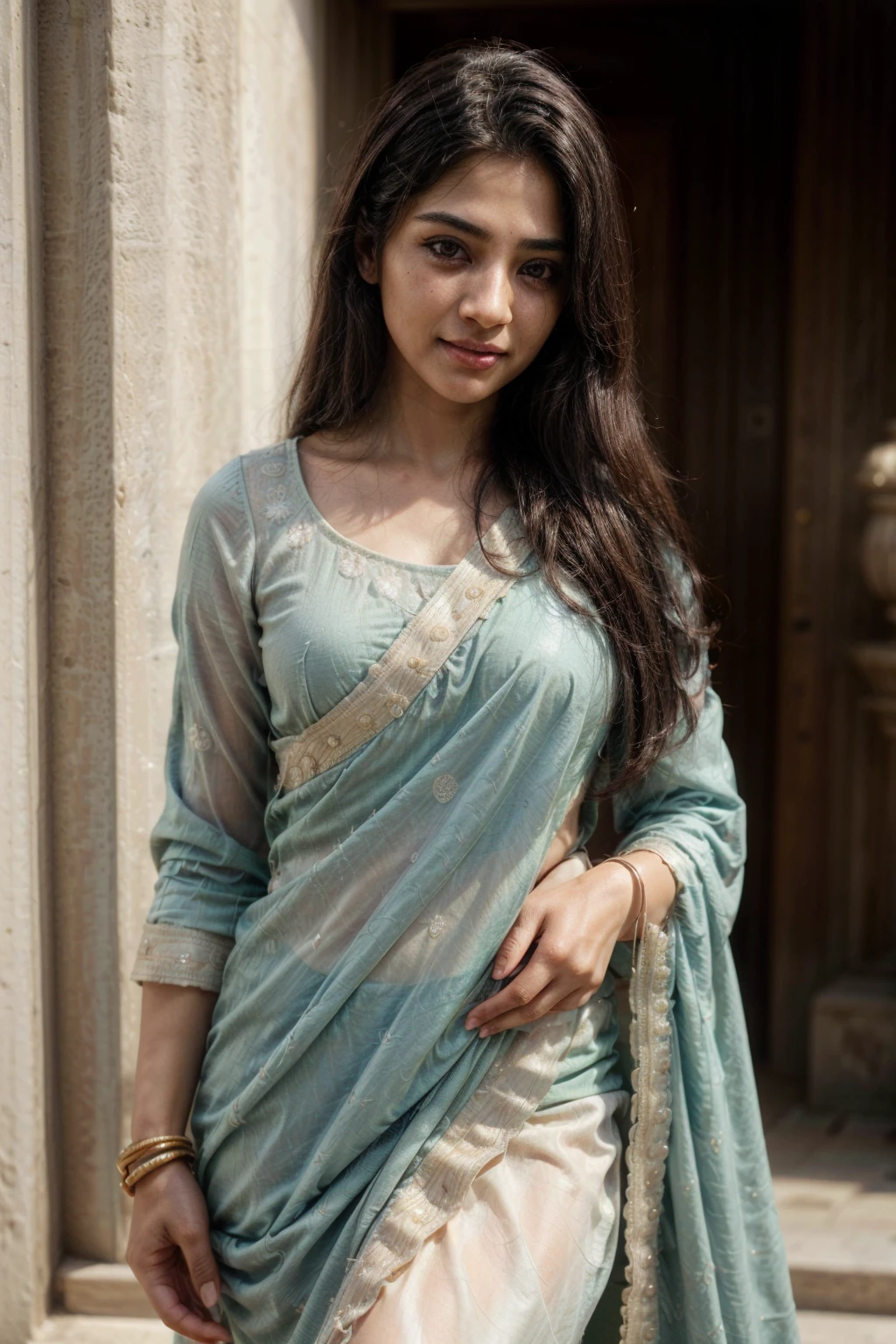 south asian facial features. girl. Should look very beautiful. pretty. Highly detailed and hyper realistic. The skin texture should be highly detailed and extremely accurate. thick black hair and brown eyes. Face must be accurate. Highly detailed face and facial features. Extremely accurate representation of face and facial features. Face should be highly detailed and hyper realistic. Every thing from the body should be extremely perfect and realistic. hyper realistic. Skin texture is natural and realistic. Face is realistic and extremely detailed. Eyes are detailed and accurate. Highly accurate. eyes should be realistic and accurate. hyper detailed. perfect details. realistic proportions. hyper realistic skin texture. smiling. black eyes. eyes are black.