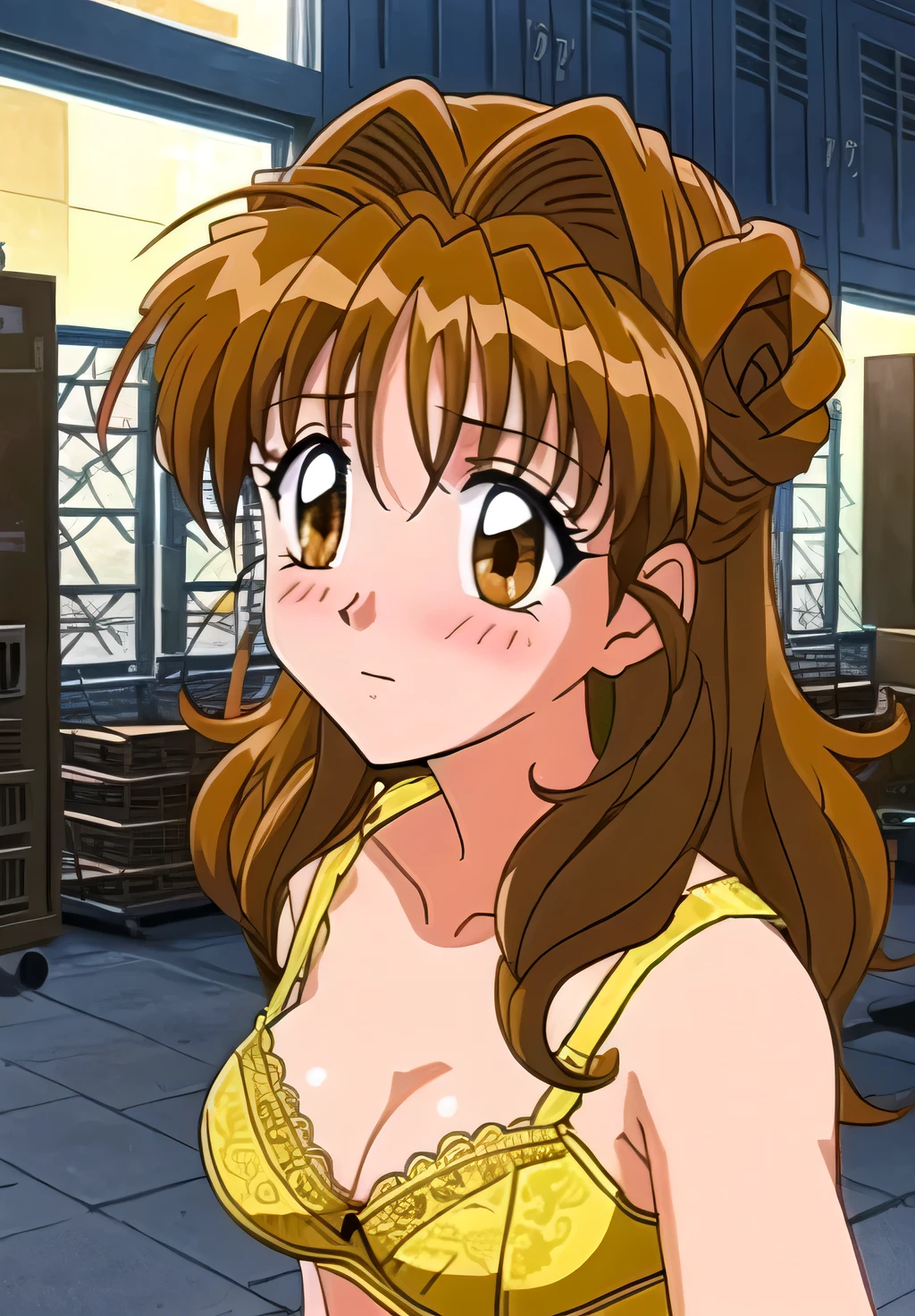 Maron,(((Lace Underwear))),(((Yellow lace bra))),pupil_Brown,blush, close_mouth,Embarrassing,worried,View your viewers,locker room,Maron_Taking a selfie on a mobile phone,locker room,masterpiece, expensive quality, very_expensive_solve, big_file size, Full Color,