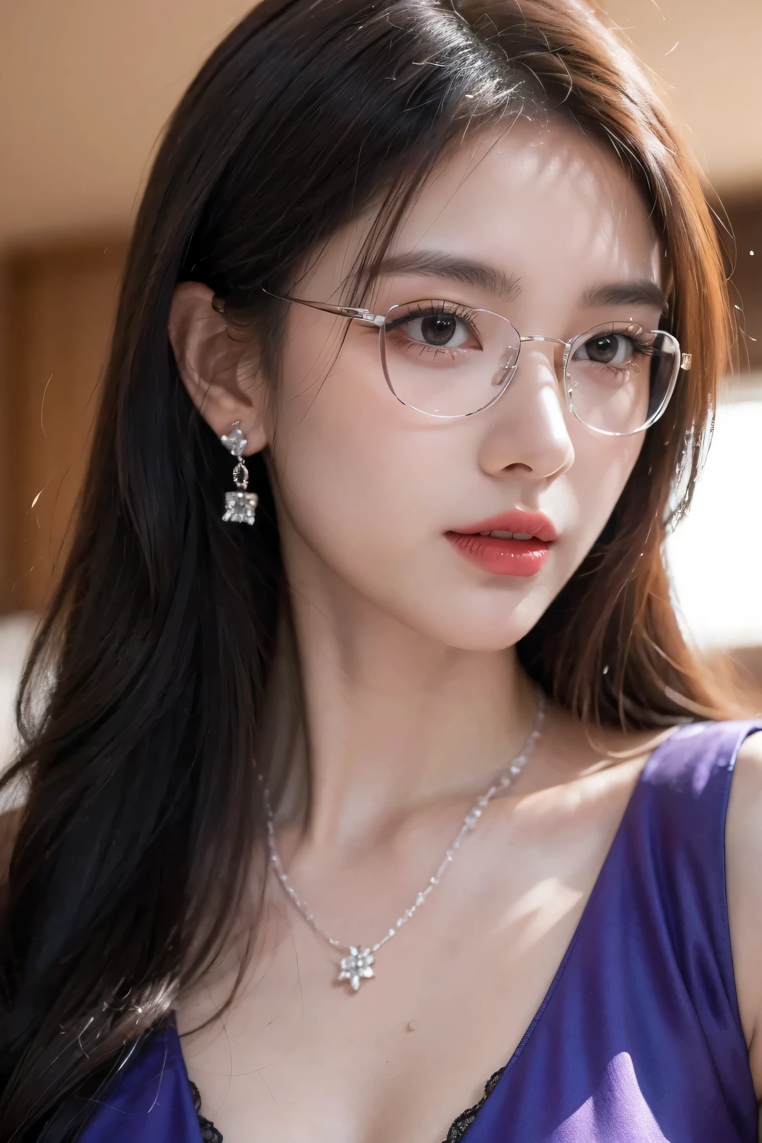 Top CG, Highest image quality, masterpiece, Gentle and beautiful girl, (185cm美女), (fit), Imperial sister, Queen temperament, White skin, ((Long legs)), perfect facial features, Bright Eyes, Seductive pose, Red lips, Beautiful and cold (A major breakthrough)), Beautiful and heroic, Soft and long hair, Glittering, Lace, net, Visible through clear skin, wear glasses, diamond earrings, ruby neckLace, (Purple dress), 8K Image Quality, (Realistic Portraits), Characters fill the screen, (Facial lighting), ((eternal)