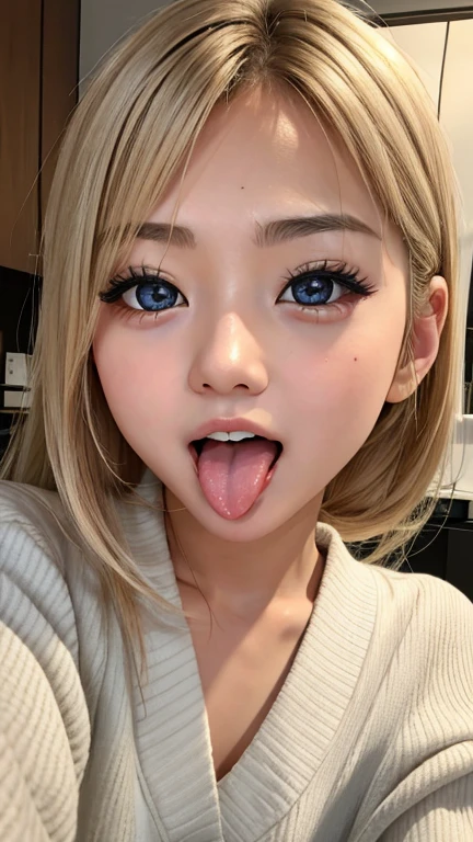 Japanese women, beautiful girl, Gal,Blonde、 Baby Face, Realistic skin of the highest quality, Eyes are focused, 20-year-old, Sticking out tongue, Focus on the mouth, Open your mouth, Long Tongue, saliva, Open your mouth , You can see inside the mouth, Open your mouth  舌を突き出す, realistic tongue