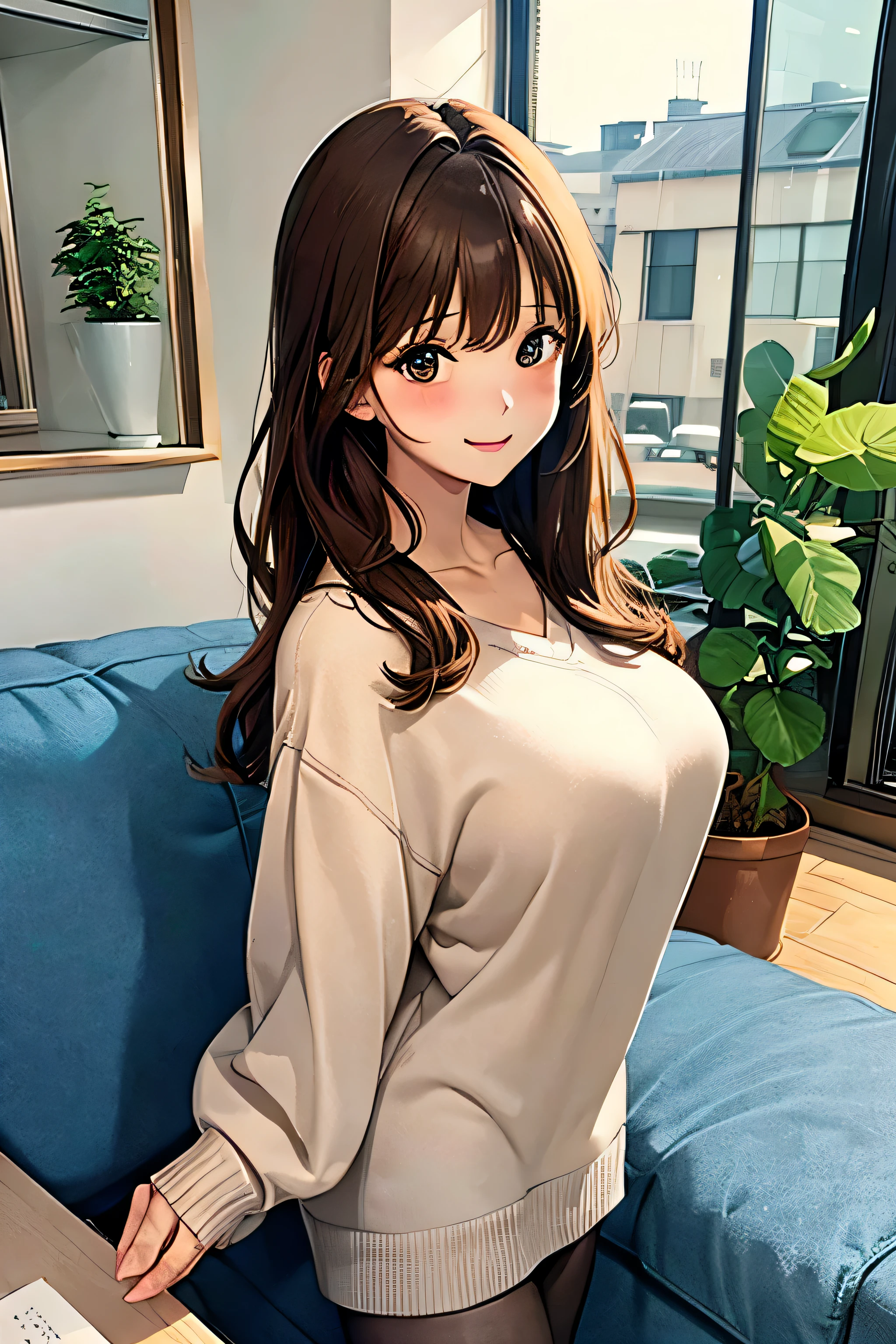 masterpiece, ultra-high-quality, illustration, 1lady standing, /(oversized sweater/) v-neck, mature female, /(brown hair/) bangs, blush kind smile, (masterpiece best quality:1.2) delicate illustration ultra-detailed, large breasts pantyhose BREAK /(modern house living room/) indoors