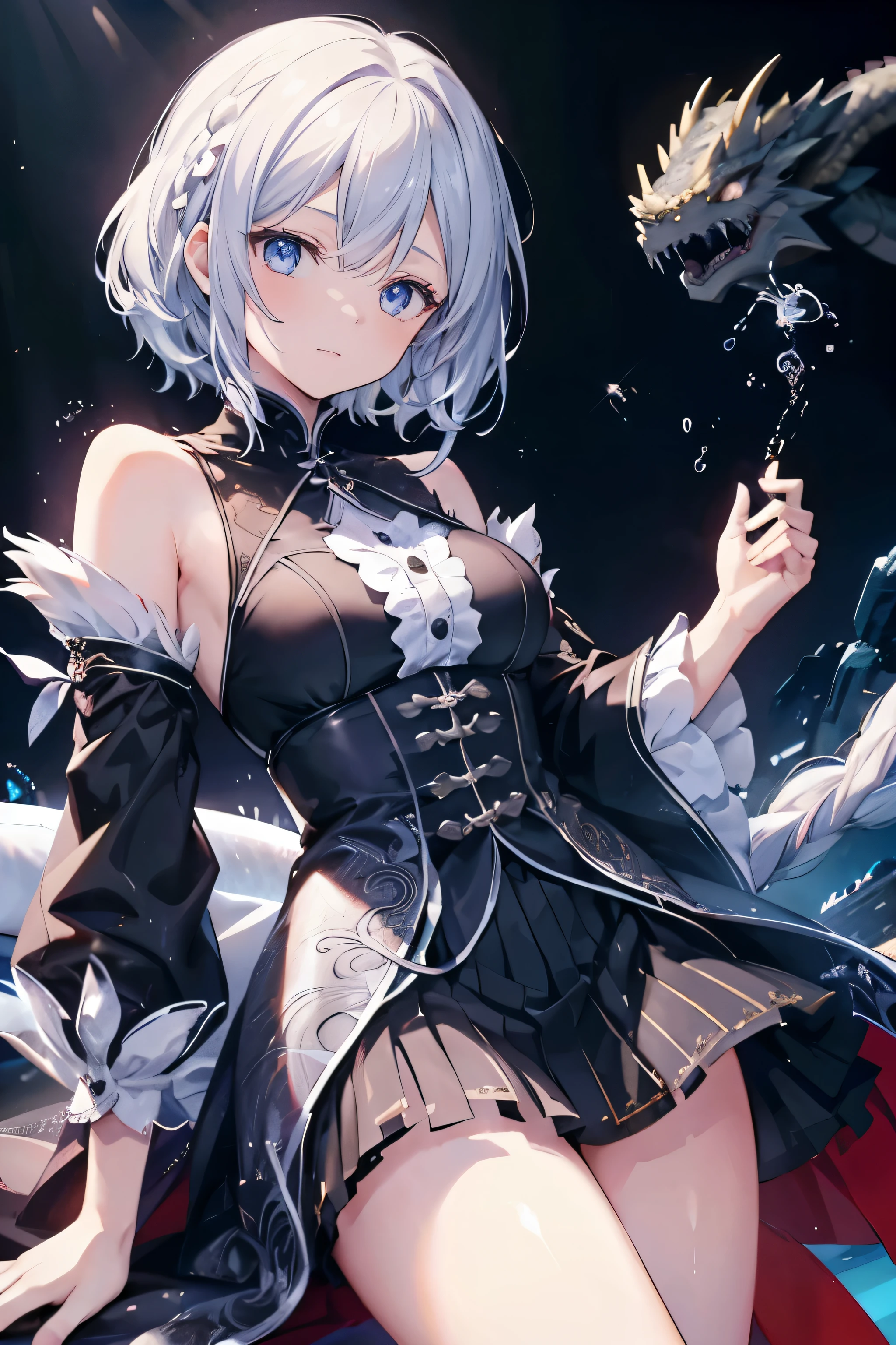 A girl，Silver short hair，French braids，Dragon Princess，beautiful dragon queen，Idol，Love beans，Black and white idol costume，Sing，happy，Light blue eyes，Willow Waist，high resolution，high-definition