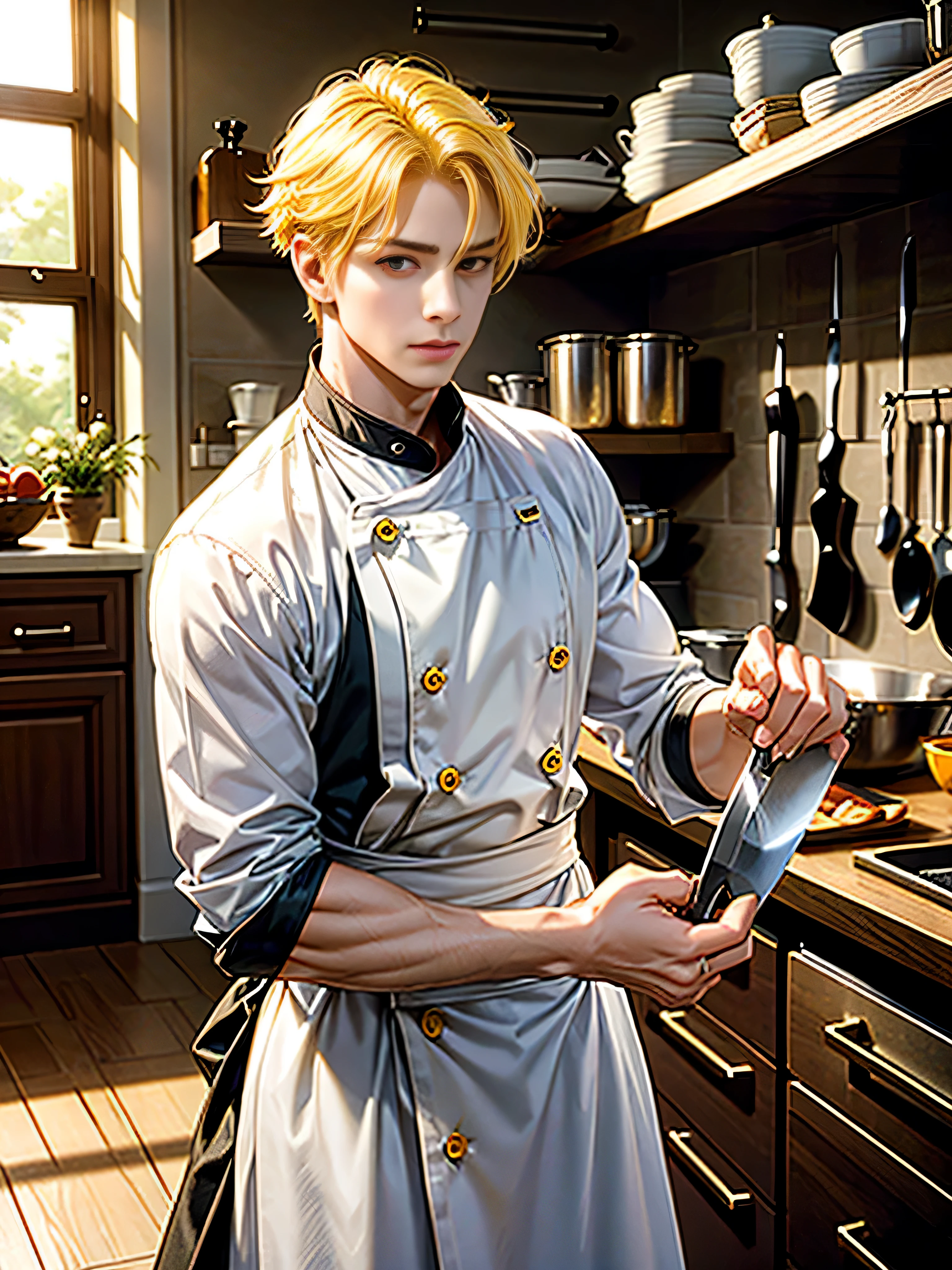 Extremely delicate and beautiful, amazing, ,ultra realistic, ultra detail, masterpiece, Ultra-detailed, hight resolution, Best Shadow, Convoluted, Sharp Focus,  High quality, 1male people, Solo, yellow hair, hair over left eyes, Red Eyes, Cave Genshin Impact, kitchen, kitchen accessories, chef , Man Looking at viewer, knives everywhere, chef clothes:1.8