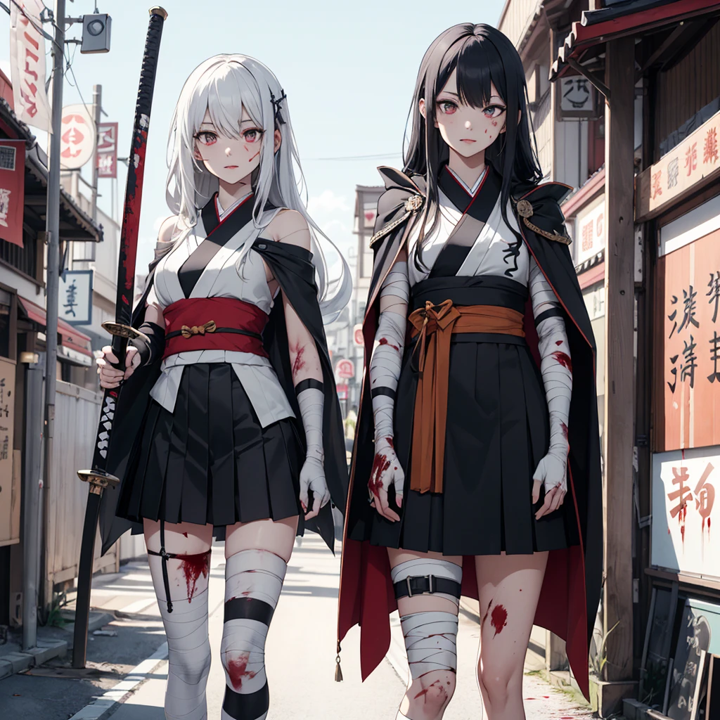 ((best quality)), ((masterpiece)),perfect face,
1 girl half demon half human 
white long hair coming down over shoulders
 pale skin
covered in blood
Japanese themed armor in black and white colours  plated skirt
legs and arms without protection 
Cape over shoulders covering arms
katana in her holdster on right side 
in her hands she don't hold anything 
bandage on her knees 
covered in blood 
clear blue sky over a small ancient Japanese town 
standing in blood running trough streets 